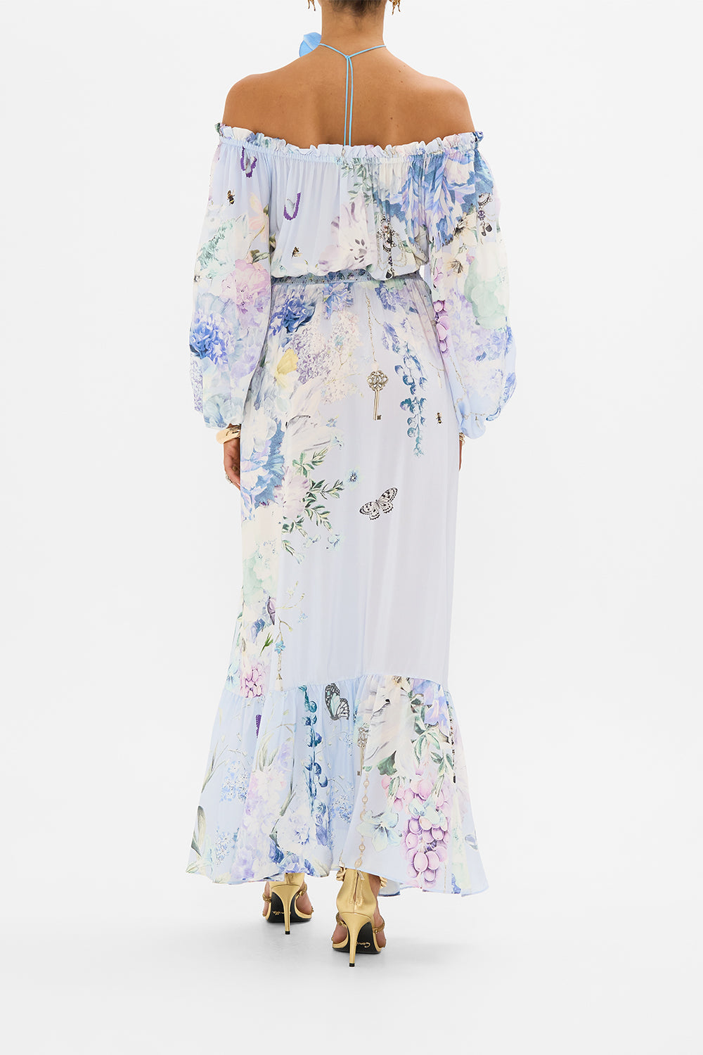 CAMILLA silk off shoulder maxi dress in Butterfloria print