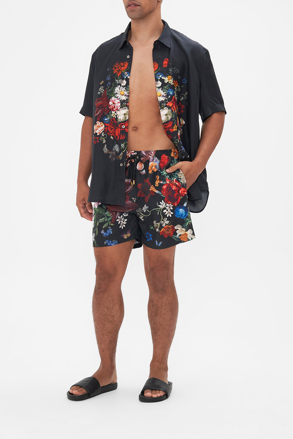 Hotel Franks by CAMILLA mens black floral print boardshorts in A Still Life print