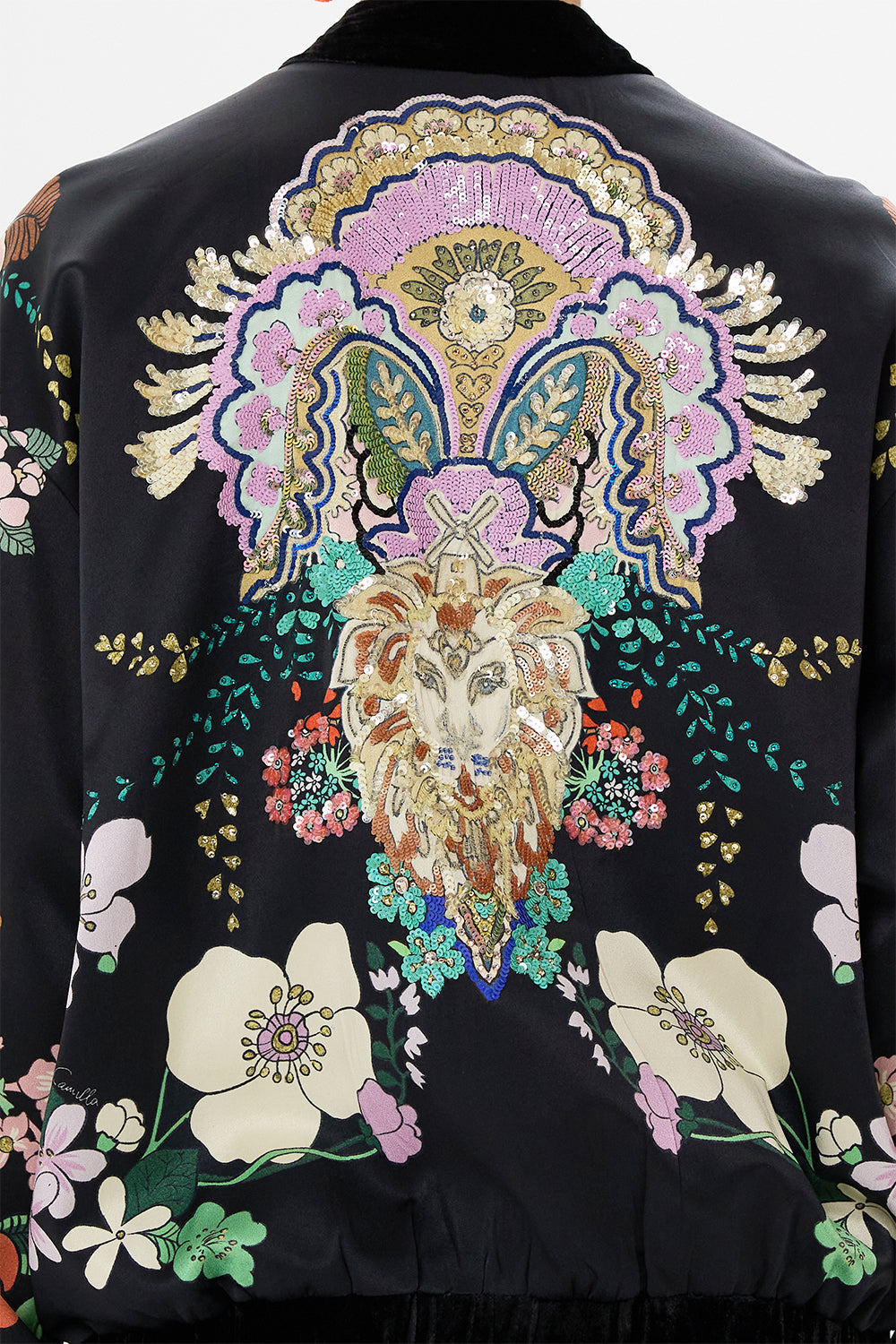 CAMILLA silk bomber jacket in We Wore Folklore print