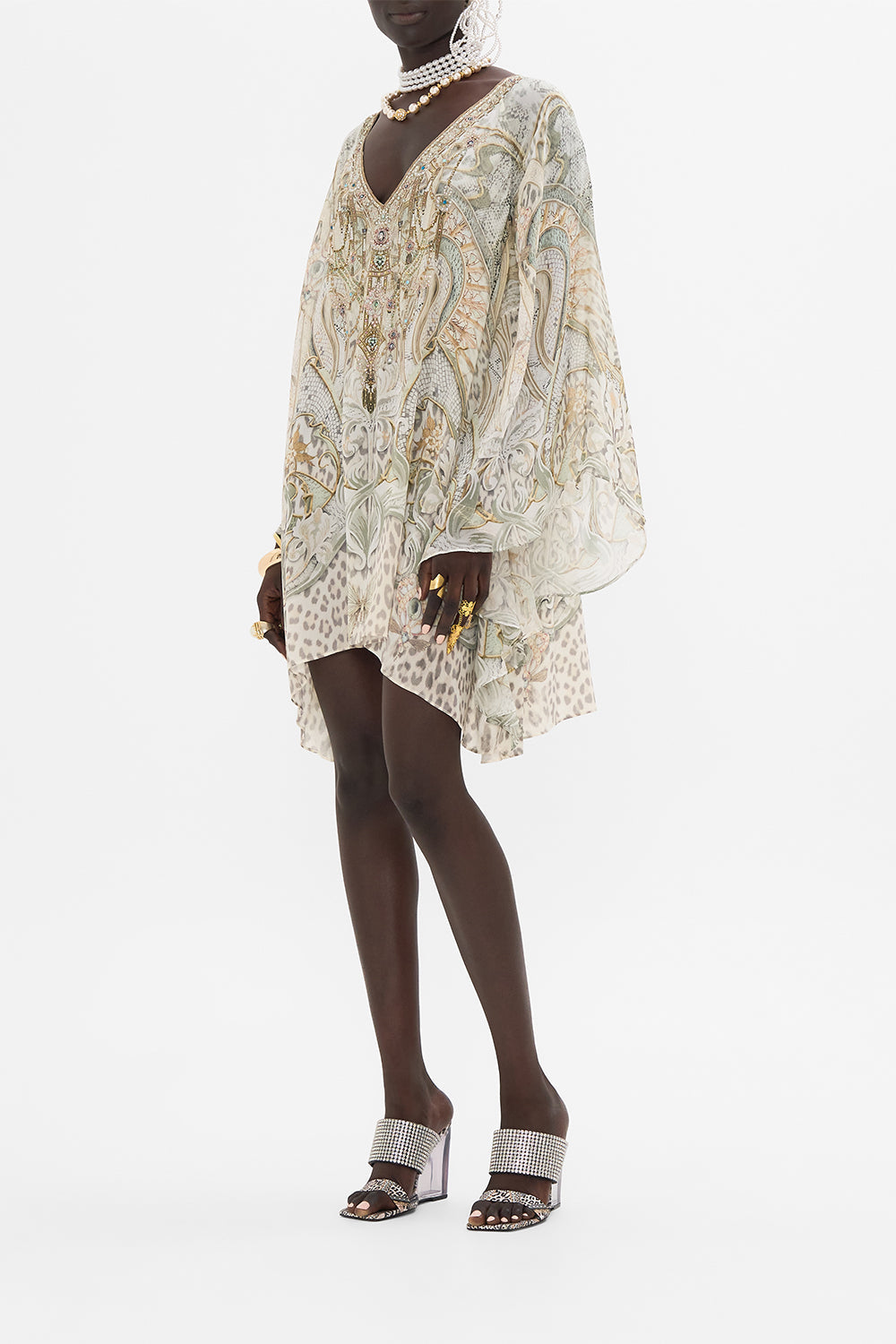 CAMILLA silk kaftan in Ivory Tower Tales print