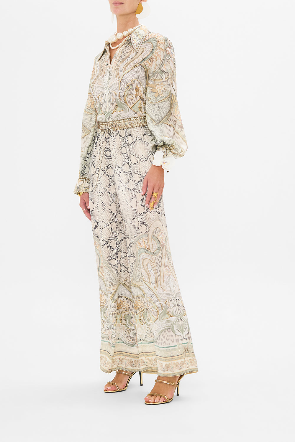 CAMILLA silk pants in Ivory Tower Tales print
