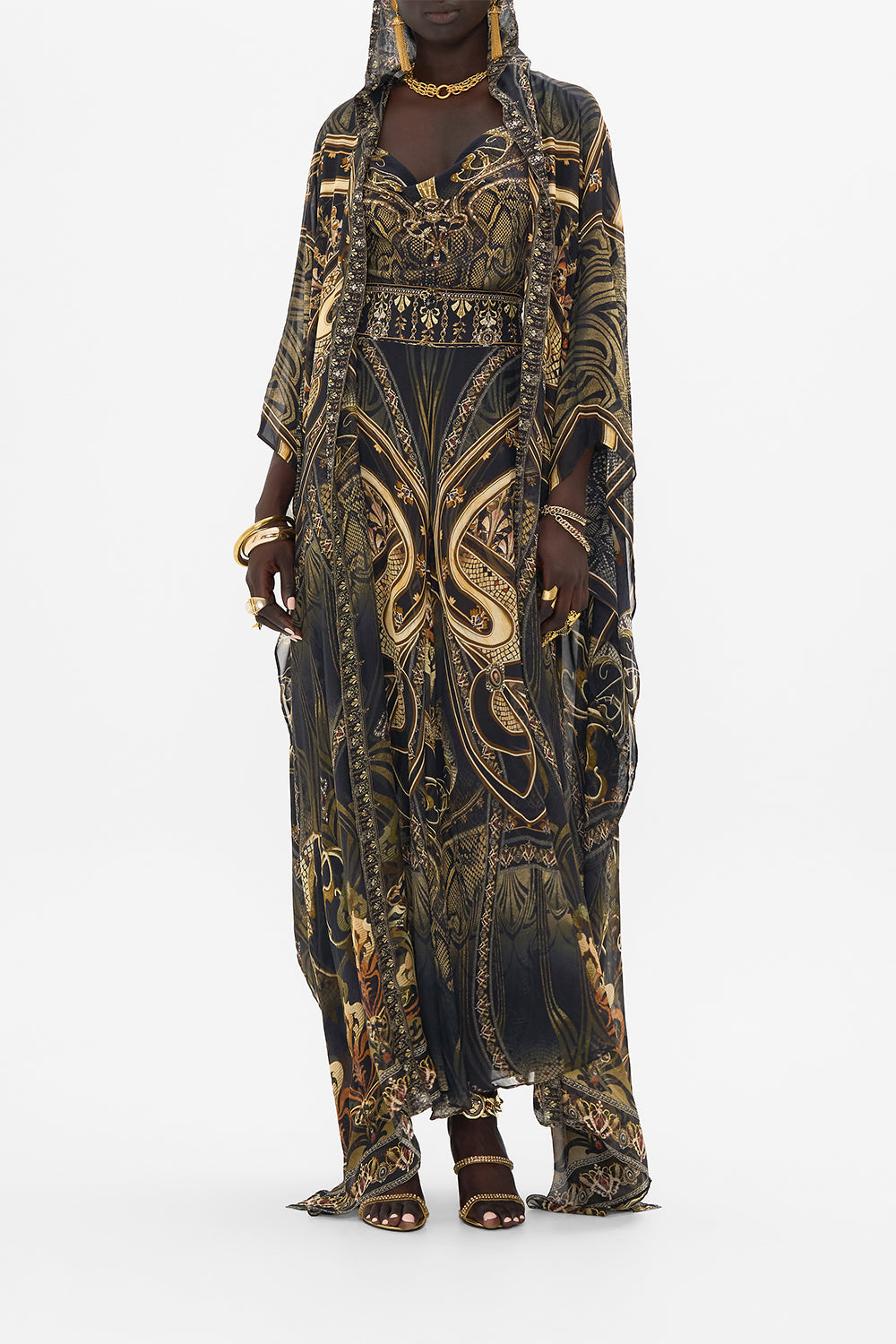 CAMILLA silk robe in Nouveau Noir print