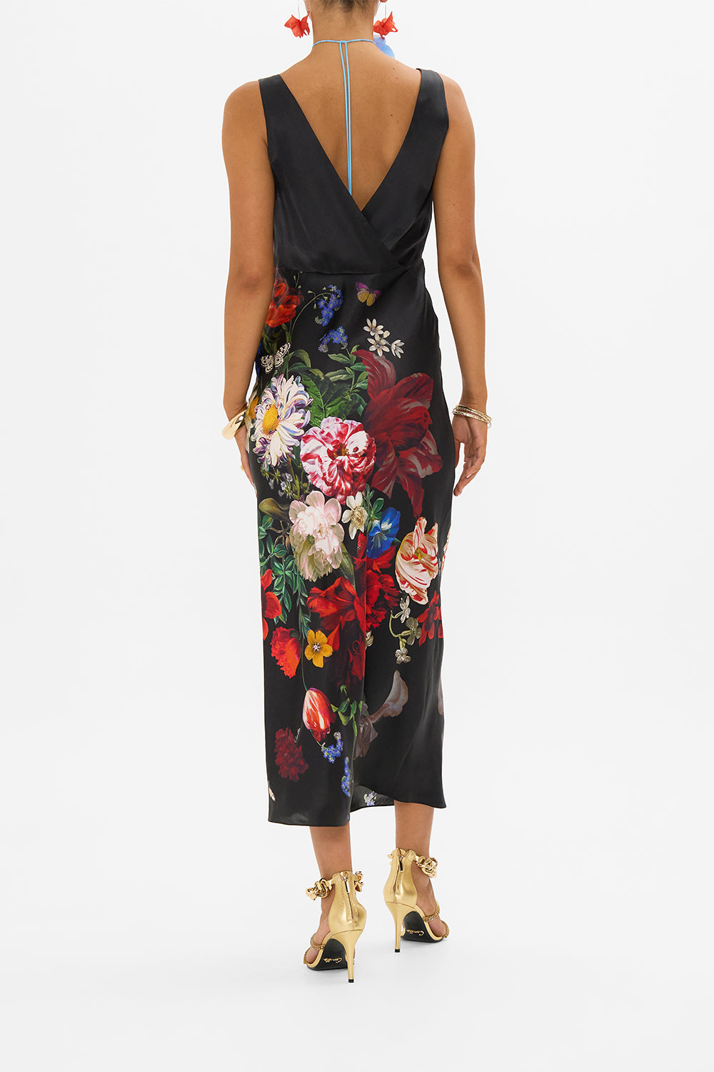 CAMILLA black silk slip dress in A Still Life print