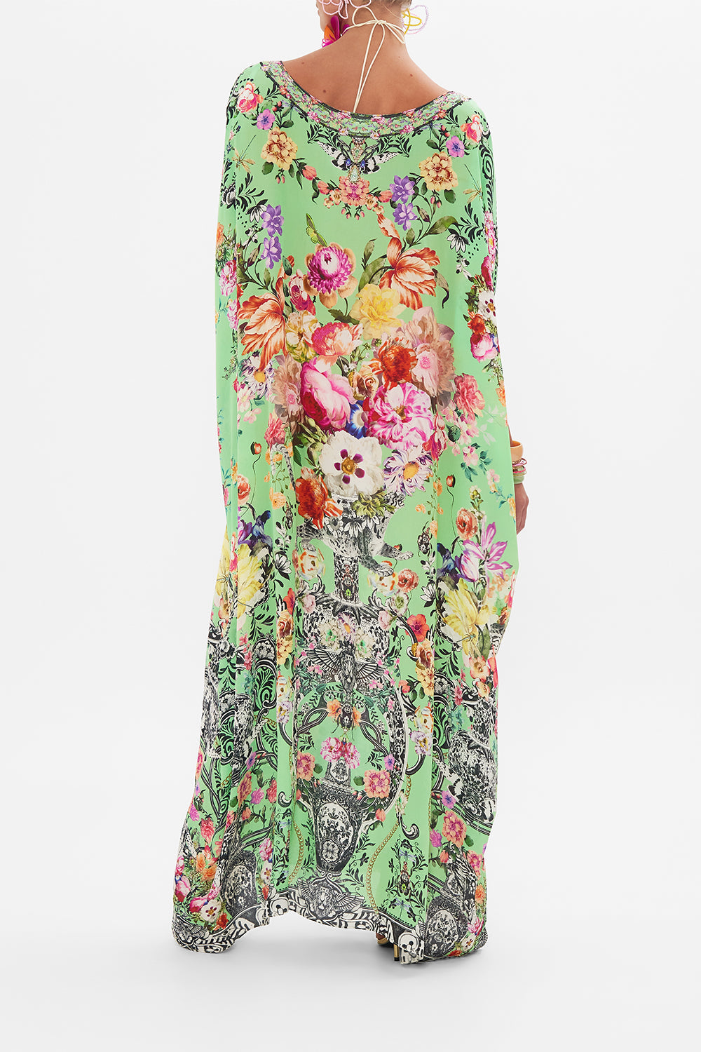 Back view of model wearing CAMILLA silk kaftan in Porcelain Dream print