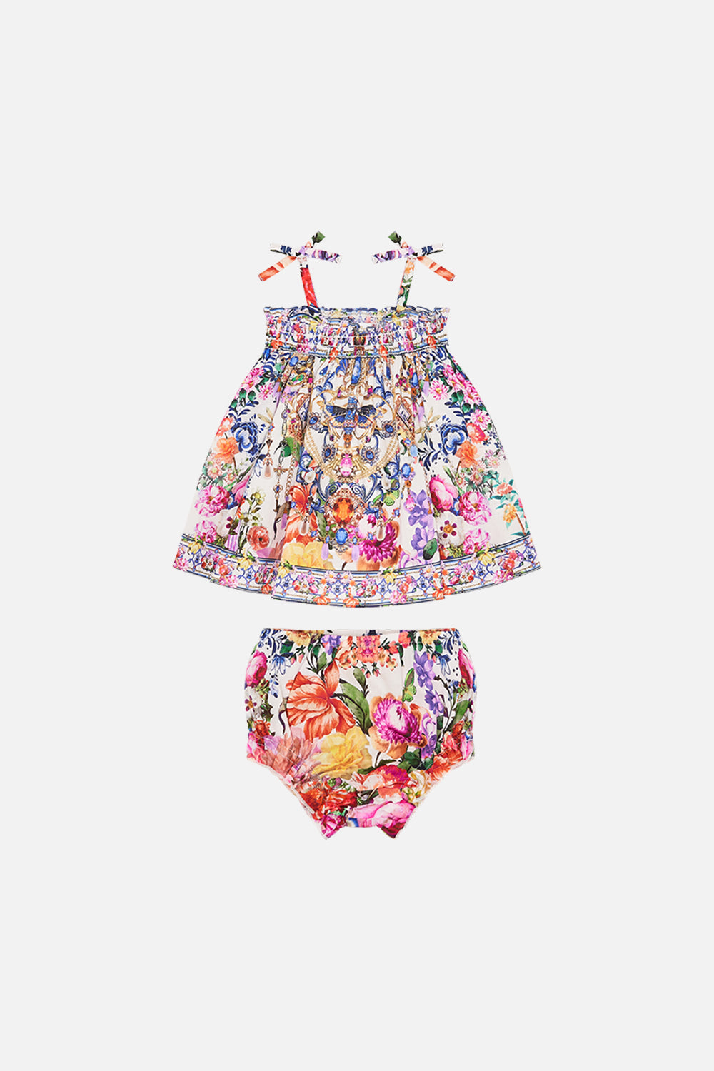 Front product view of Milla By CAMILLA babies bloomer set in Glaze and Graze print