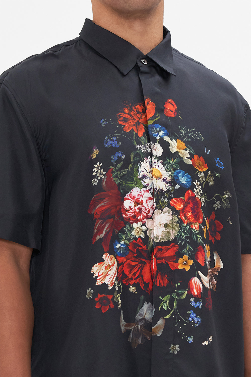 Hotel Franks by CAMILLA mens black floral print silk shirt in A Still Life print