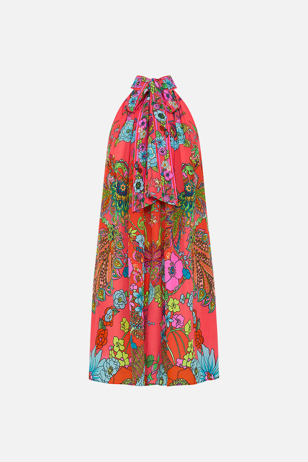 CAMILLA Pink Tie Neck Mini Dress in Windmills and Wildflowers