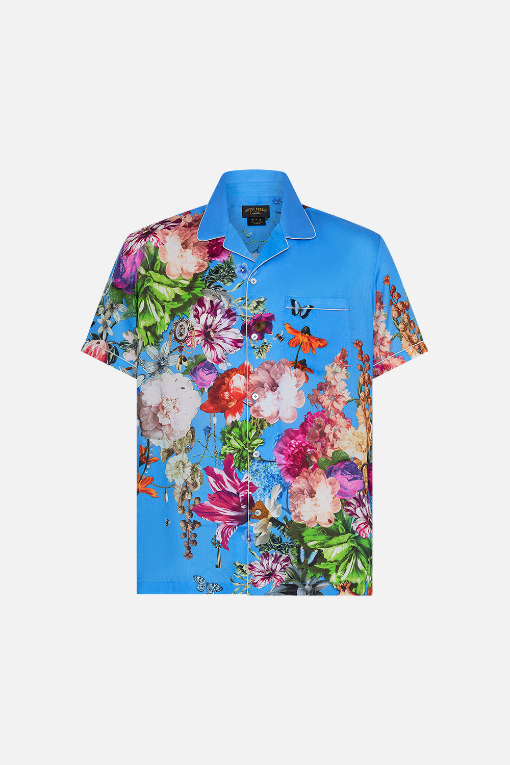 Hotel Franks by CAMILLA mens blue flroal print shirt in Nectar Of The Gods print