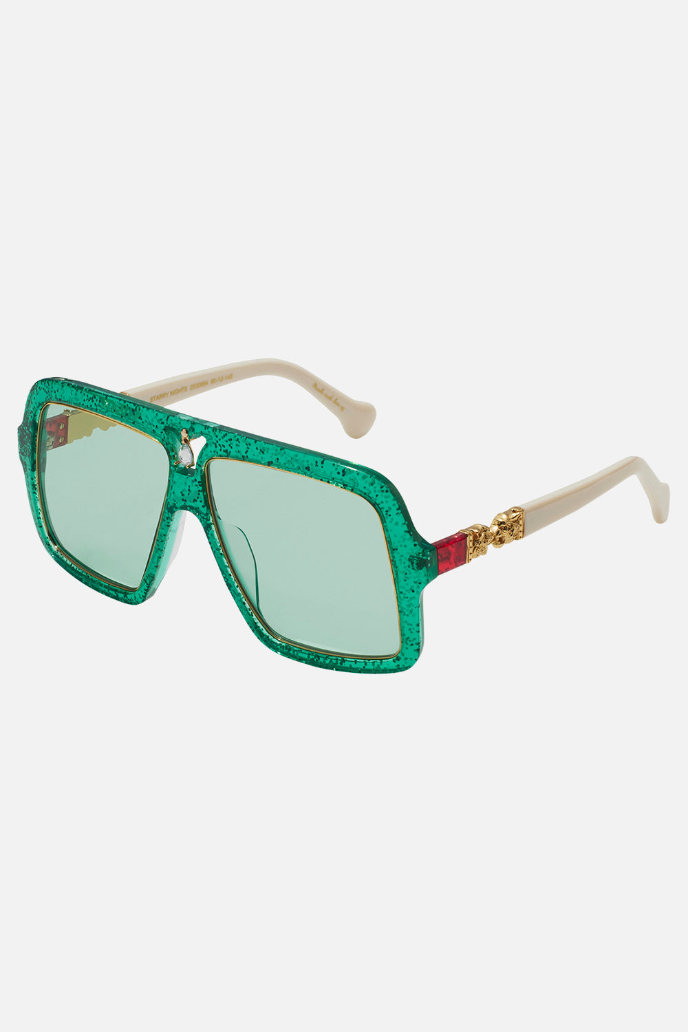 Product view of CAMILLA oversized glitter green designer sunglasses in Starry Night.