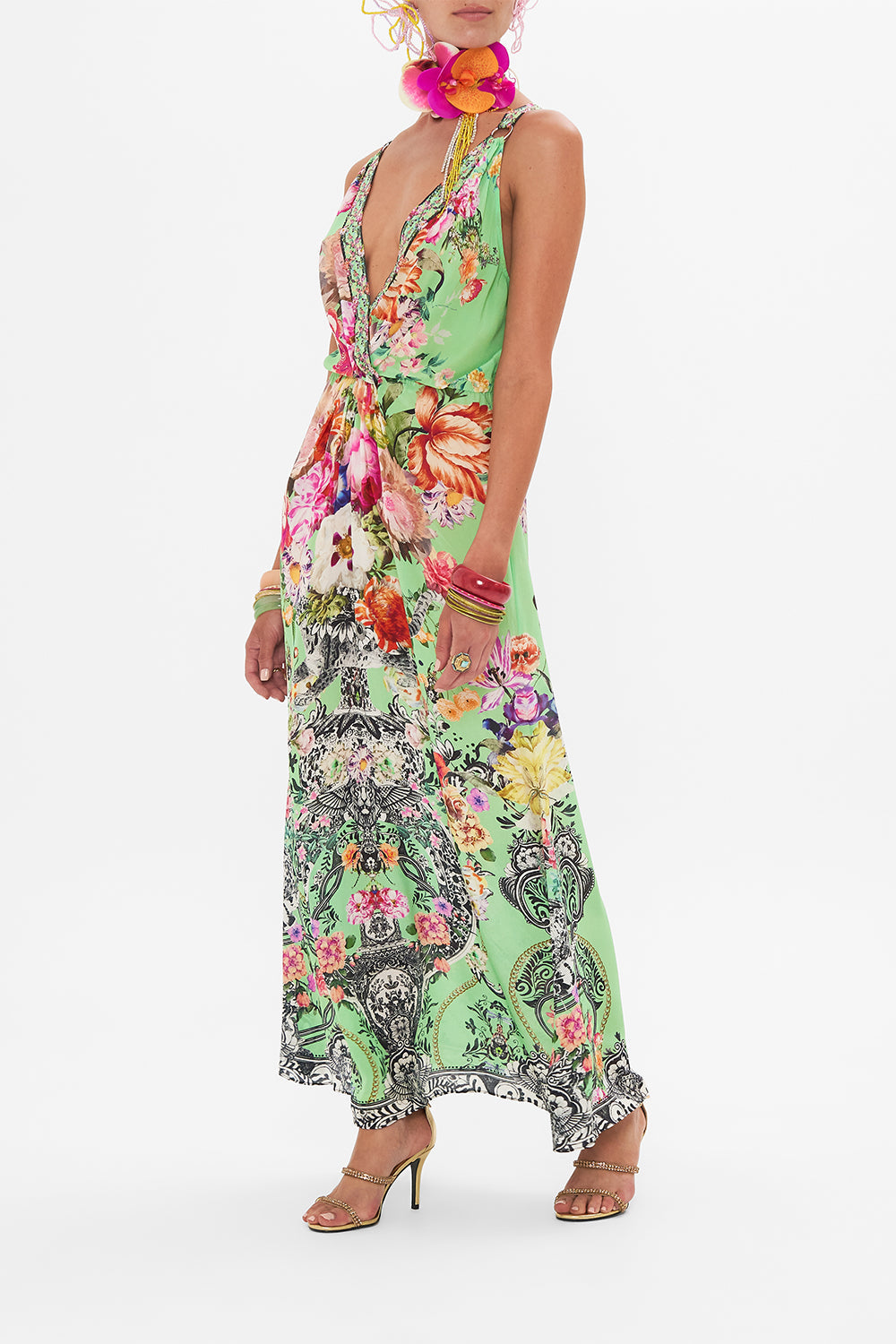 Side view of model wearing CAMILLA twist front dress in Porcelain Dream print