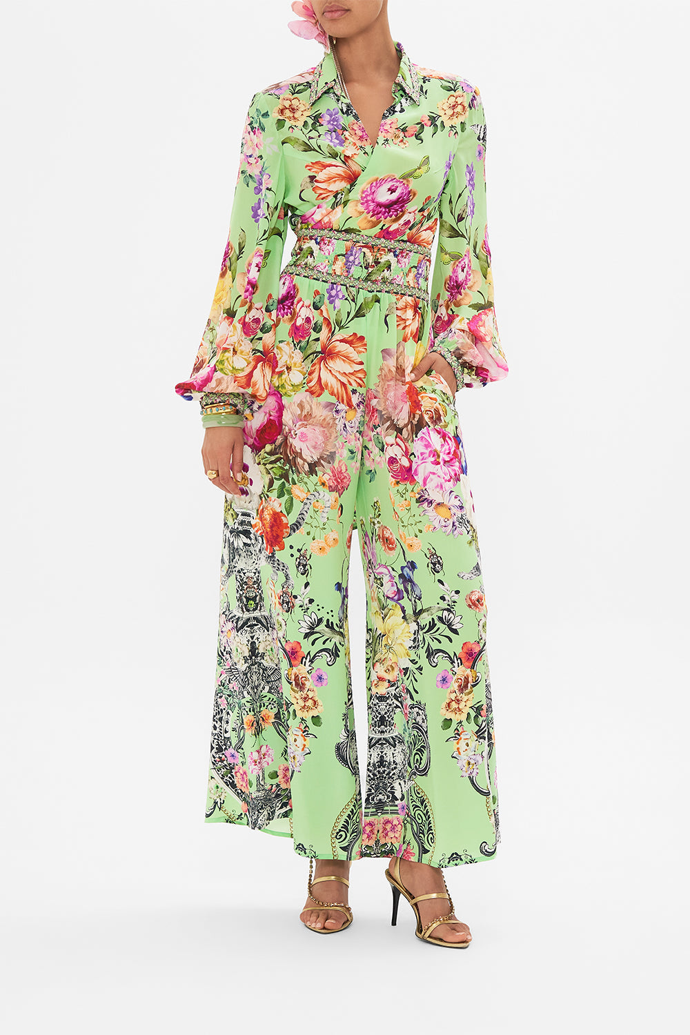 Back view of CAMILLA wrap shirt in Porcelain Dream print