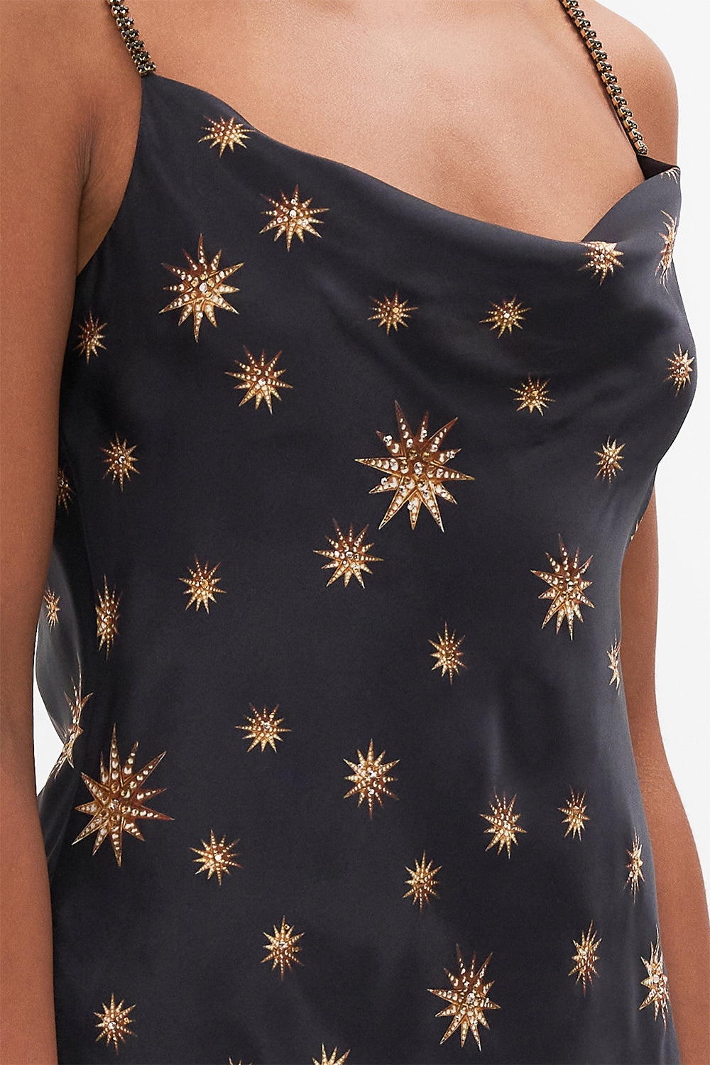 Detail view of model wearing CAMILLA silk slip dress in Soul of A Star Gazer print