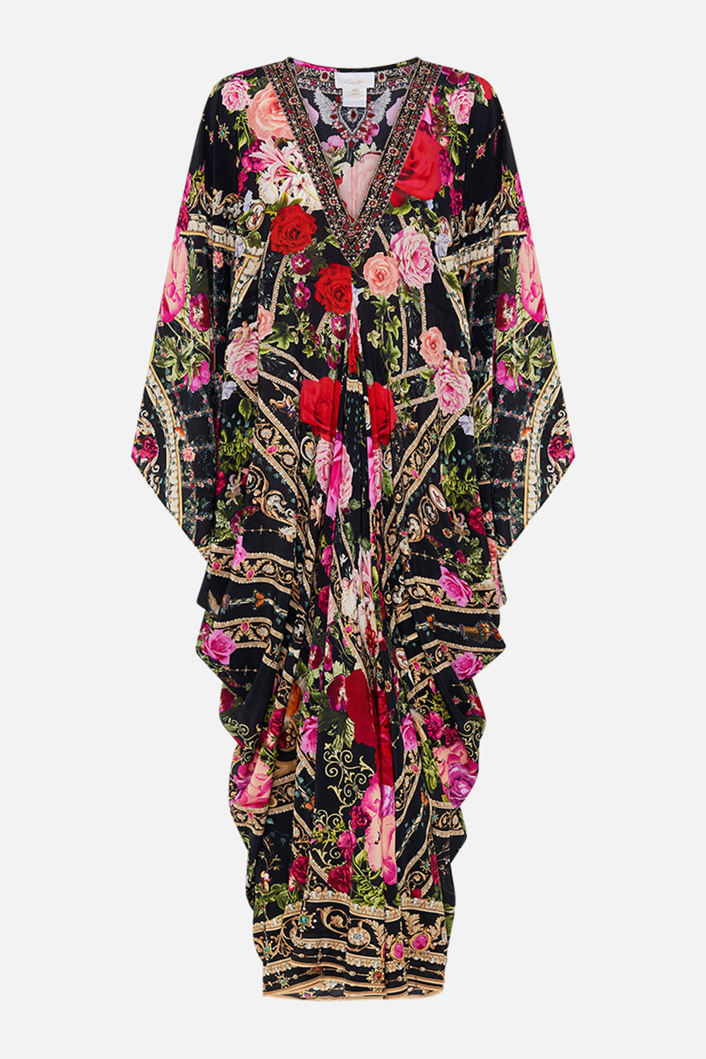 Product view of CAMILLA designer resort wear silk kaftan print in Reservation For Love print