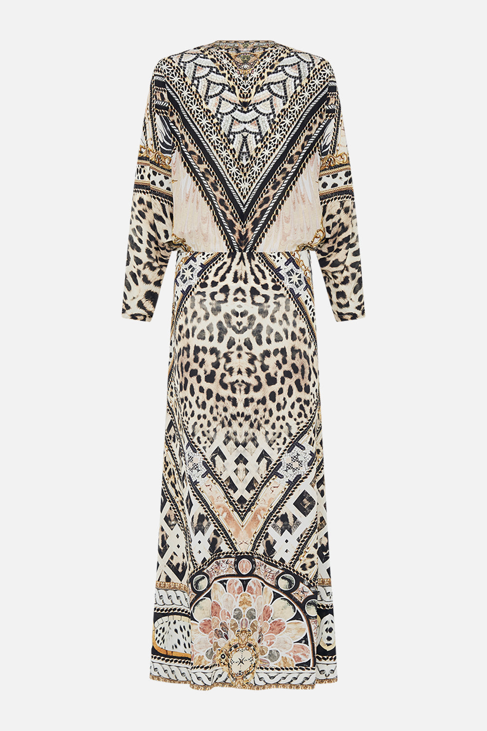 Back product view of CAMILLA silk batwing dress in Mosiac Muse print