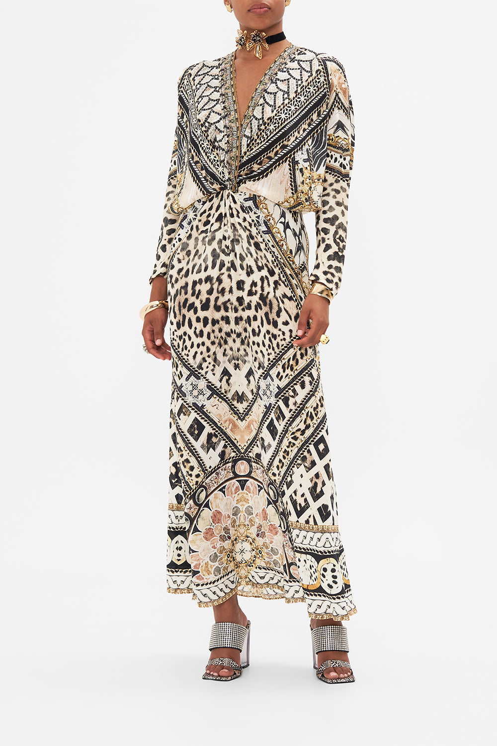 Front view of model wearing CAMILLA silk batwing dress in Mosiac Muse print