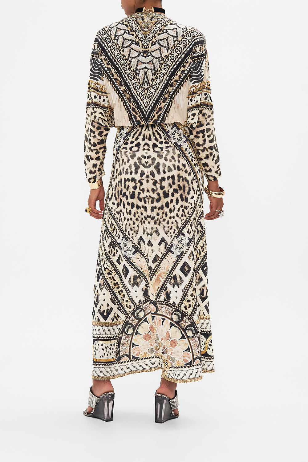 Back view of model wearing CAMILLA silk batwing dress in Mosiac Muse print