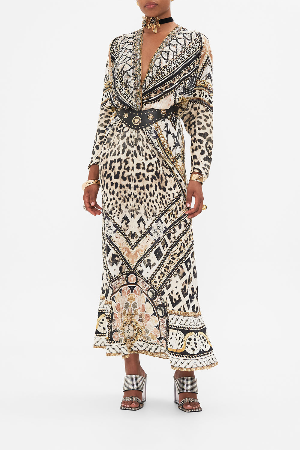 Style view of model wearing CAMILLA silk batwing dress in Mosiac Muse print