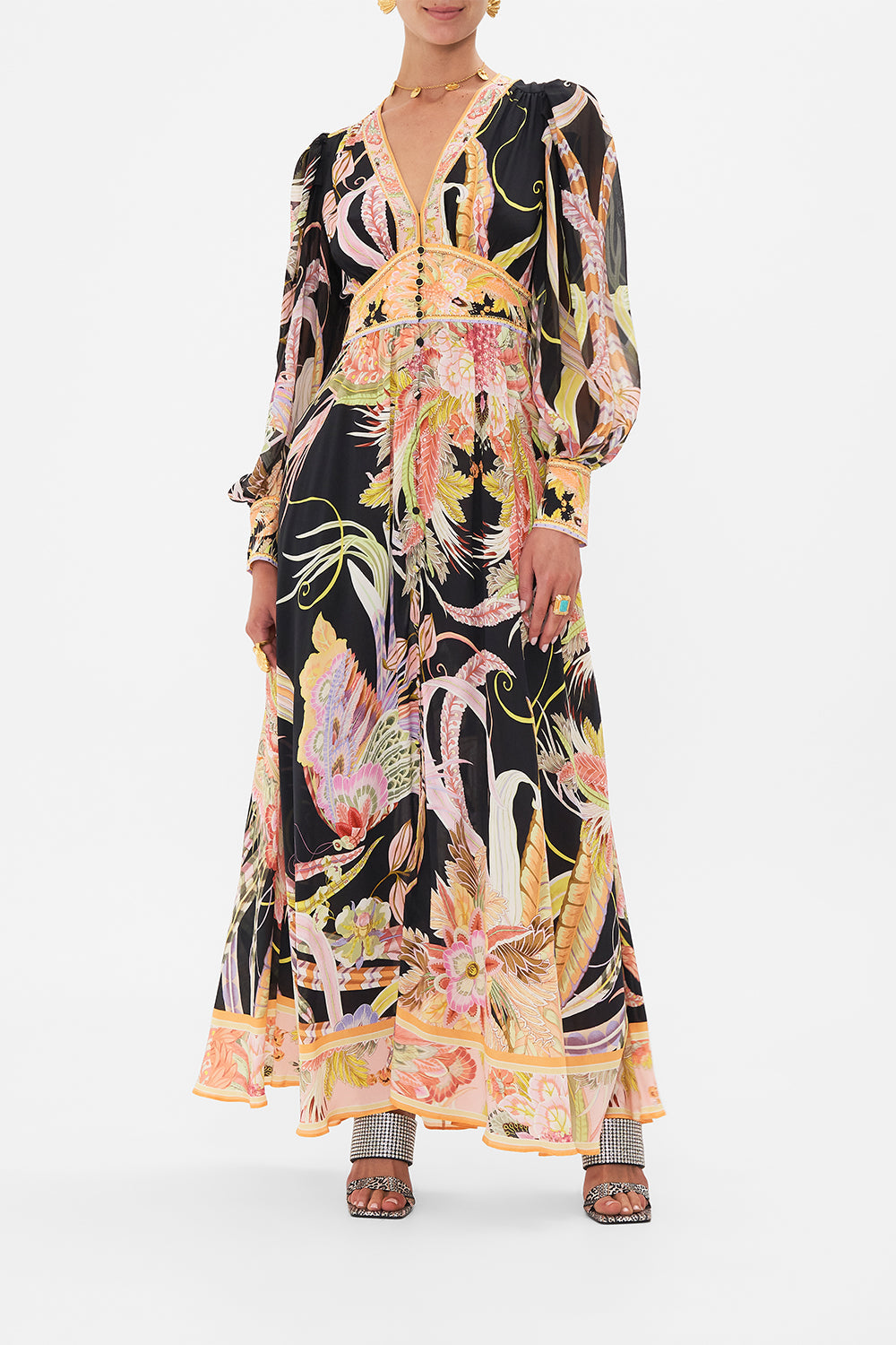 Front view of model wearing CAMILLA designer silk dress in Lady Of The Moon print