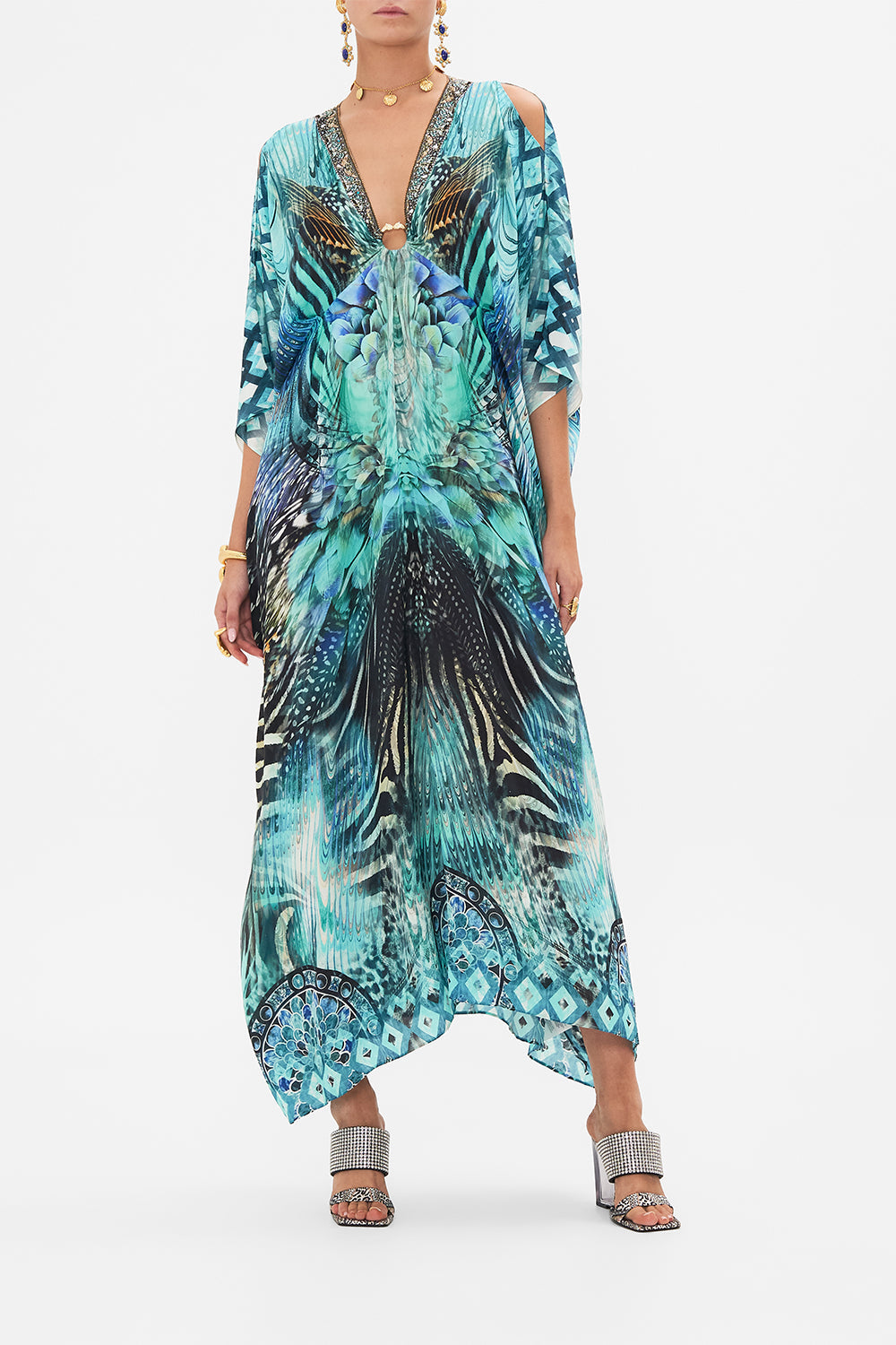 Front view of model wearing CAMILLA silk kaftan in Azure Allure print