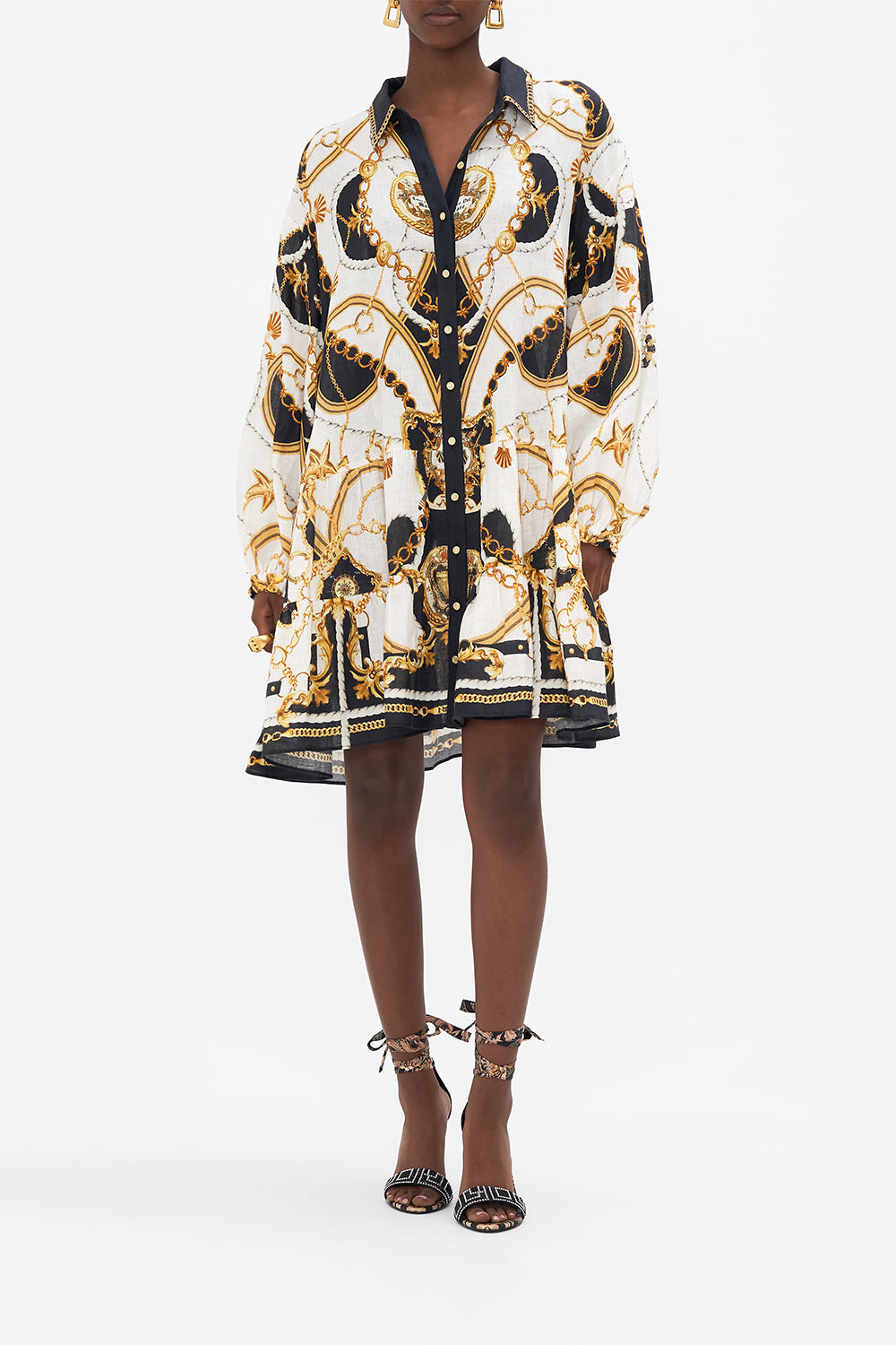 Front view of model wearing CAMILLA shirtdress in Sea Charm Print