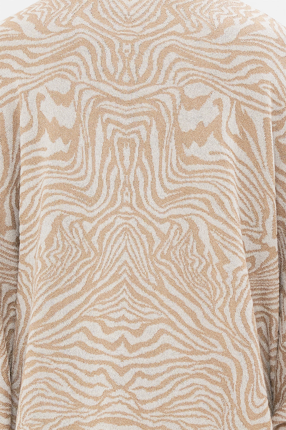 Detail view of model wearing CAMILLA knit layer cardigan in Mosaic Muse