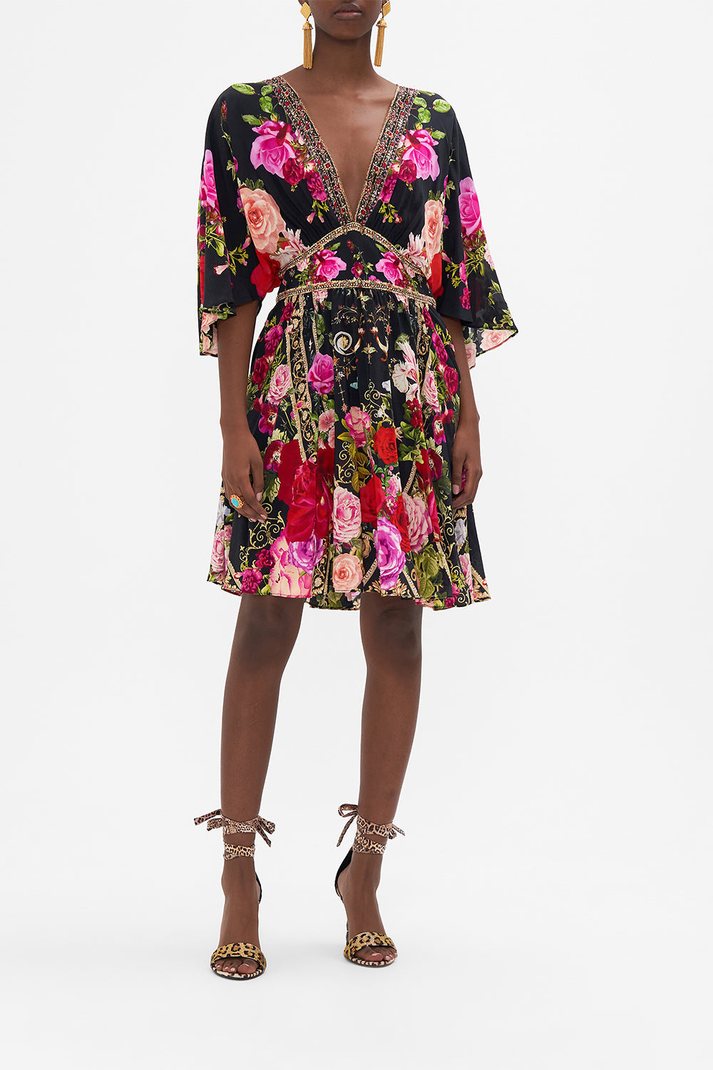 Front view of model wearing CAMILLAdesigner mini dress in Reservation for Love print