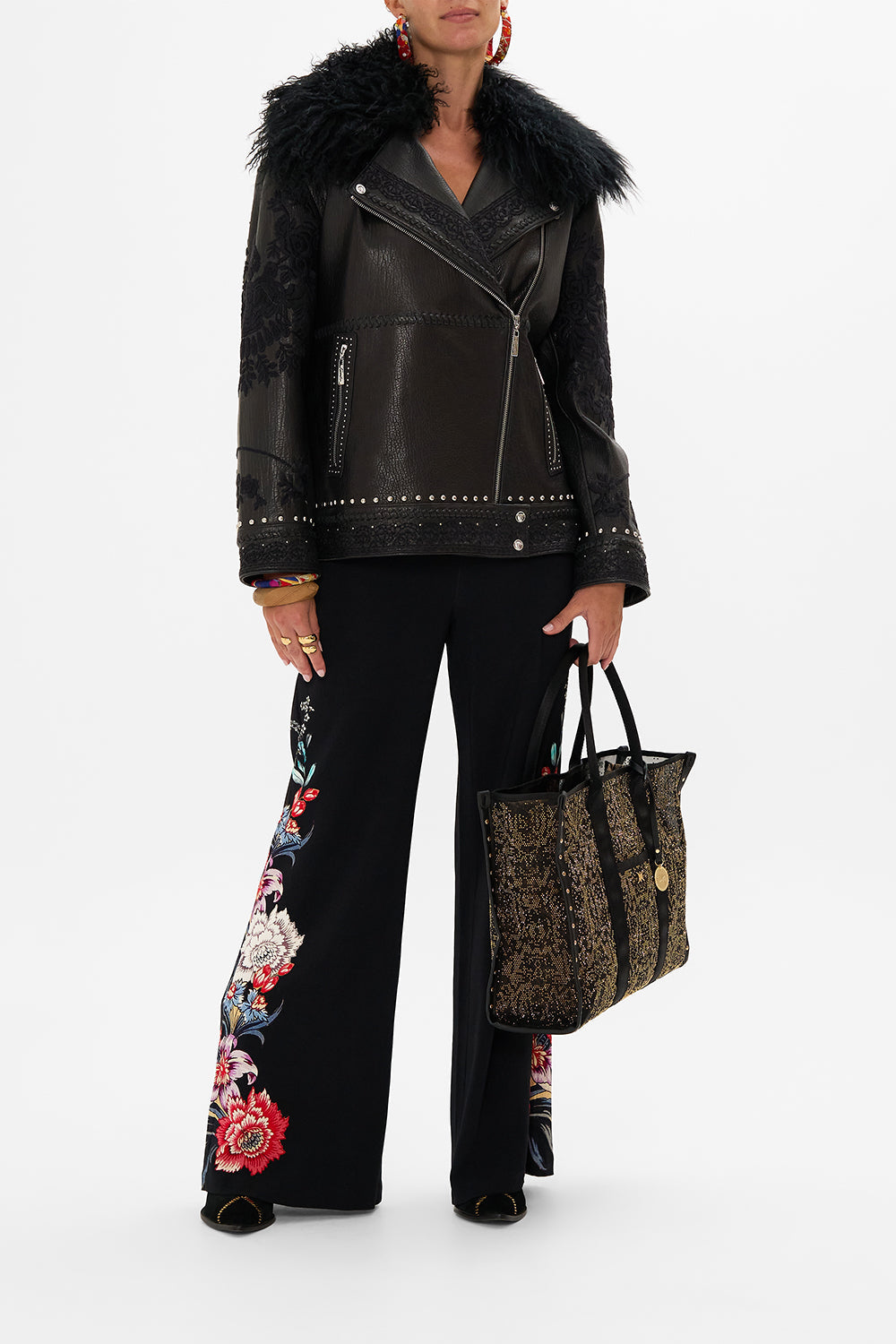 CAMILLA leather biker jacket in Volendam Dolls print