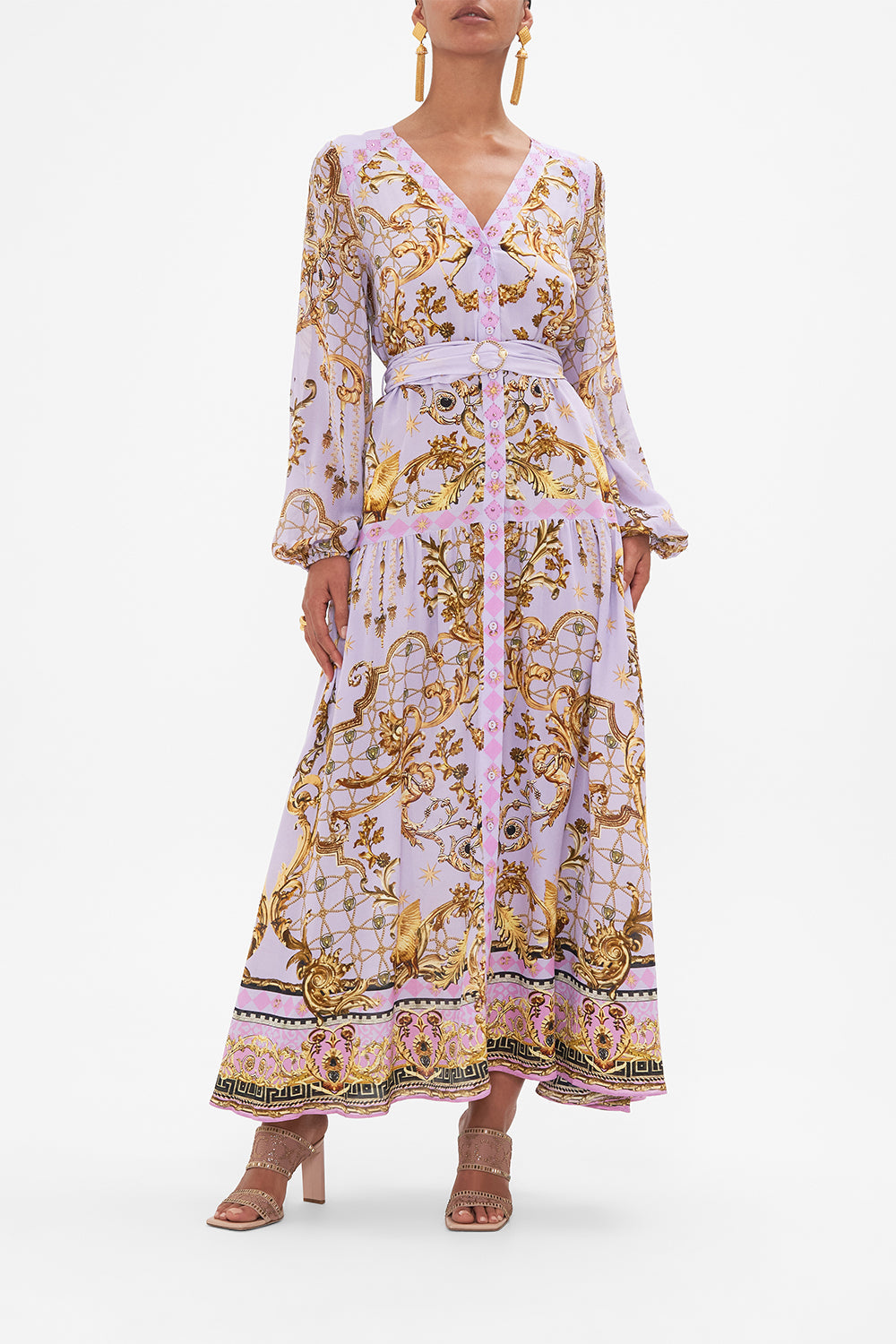Front view of model wearing CAMILLA silk maxi dress in Lavender Ever After print