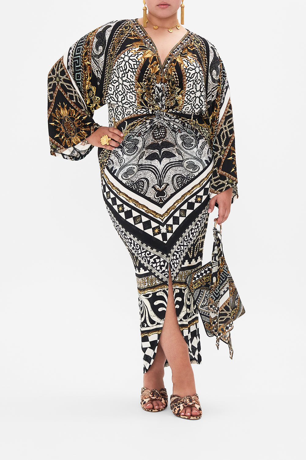 Front view of curvy model wearing CAMILLA black and white plus size maxi dress in Look Up Tesoro print