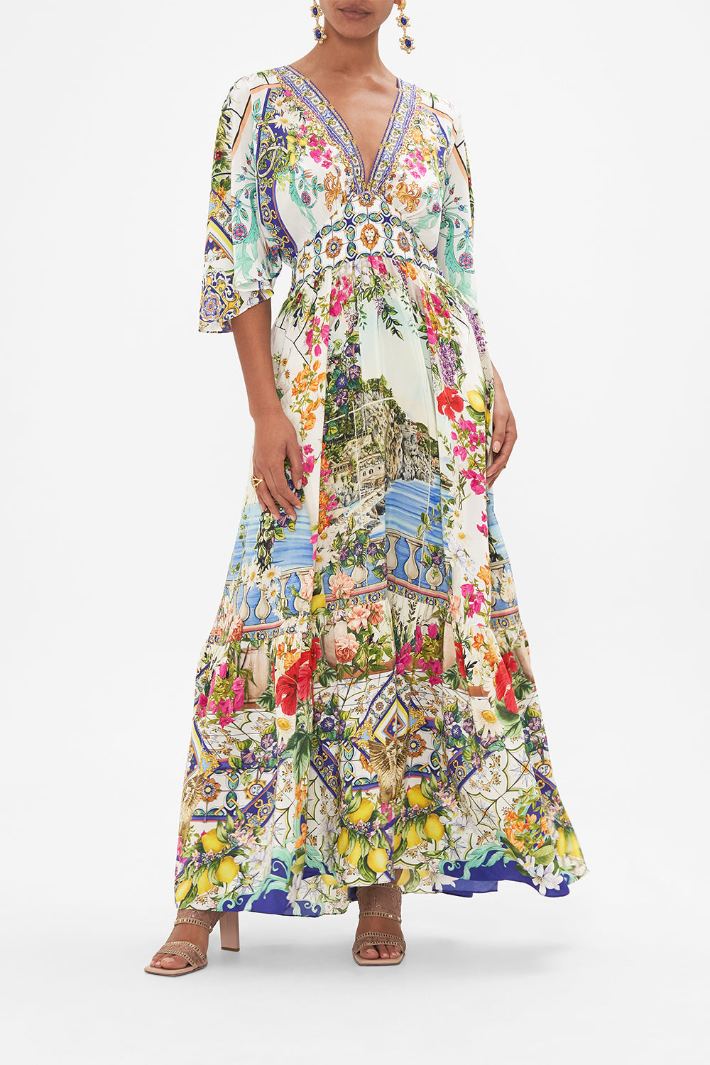 Front view of CAMILLA silk floral print maxi dress in Amalfi Amore print