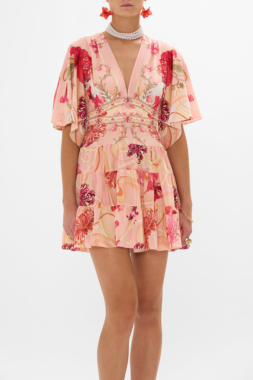 CAMILLA Floral Tiered Skirt Mini Dress in Blossoms and Brushstrokes