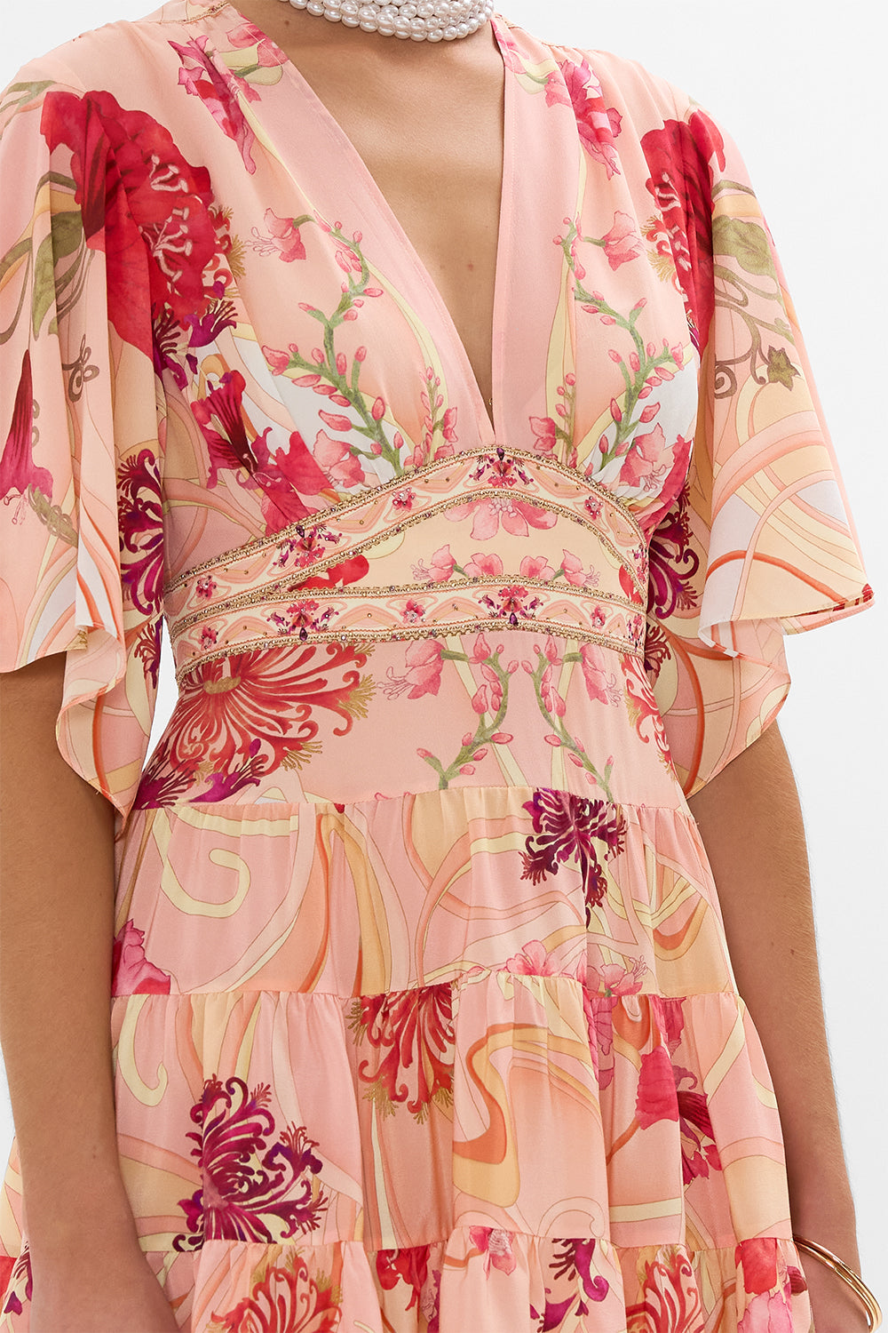 CAMILLA Floral Tiered Skirt Mini Dress in Blossoms and Brushstrokes