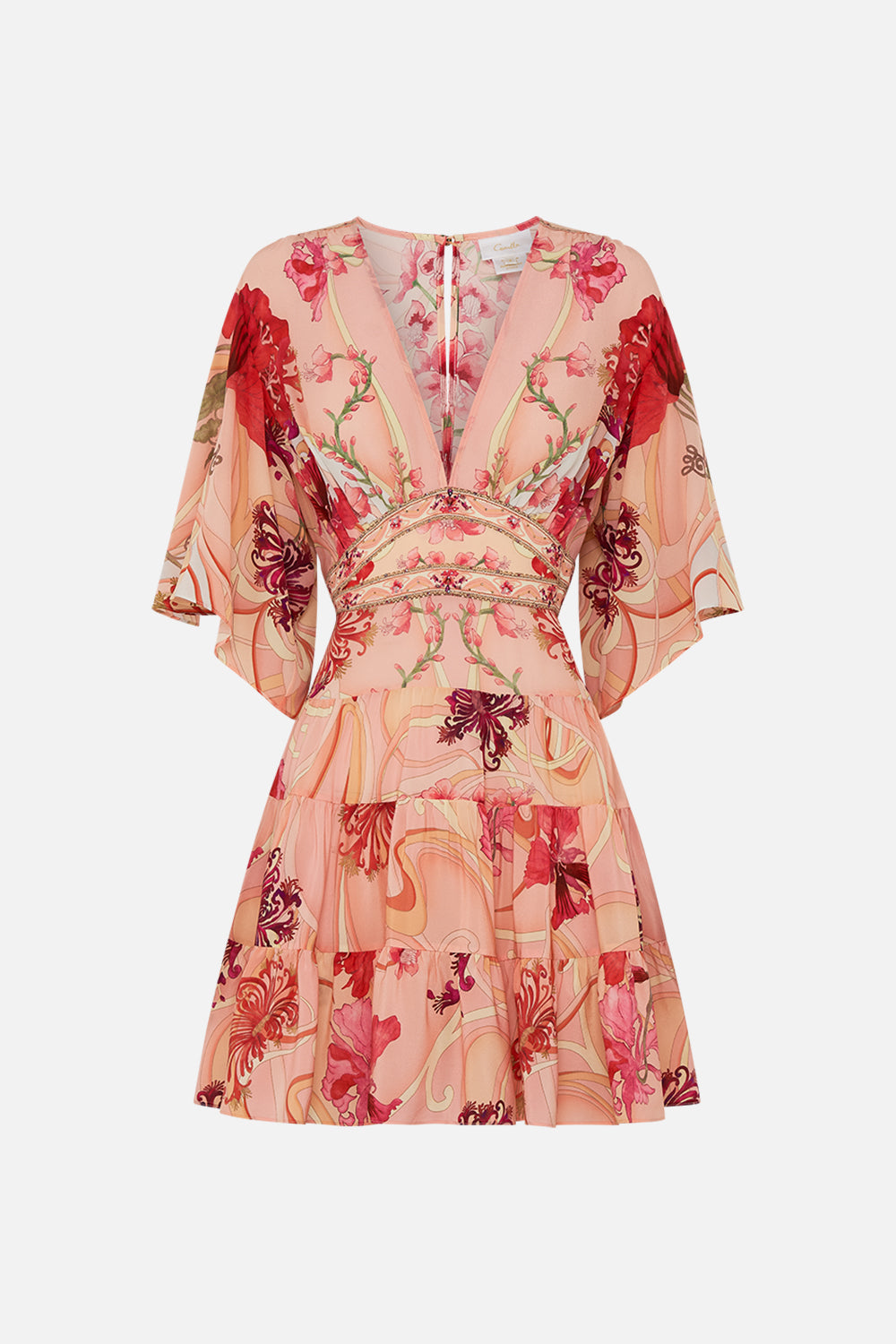 CAMILLA Floral Tiered Skirt Mini Dress in Blossoms and Brushstrokes