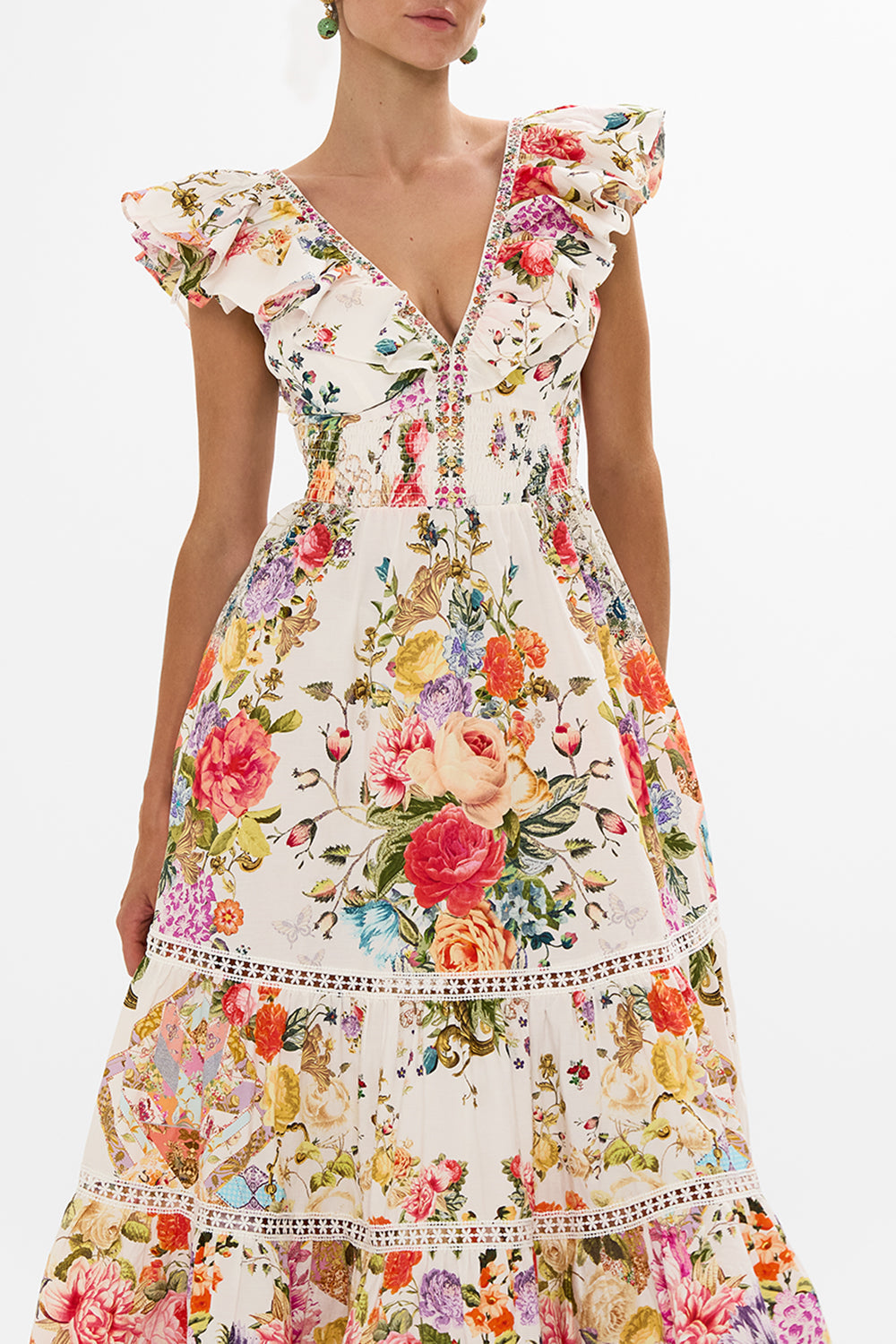 CAMILLA Floral Tiered Dress with Neck Frill in Sew Yesterday print