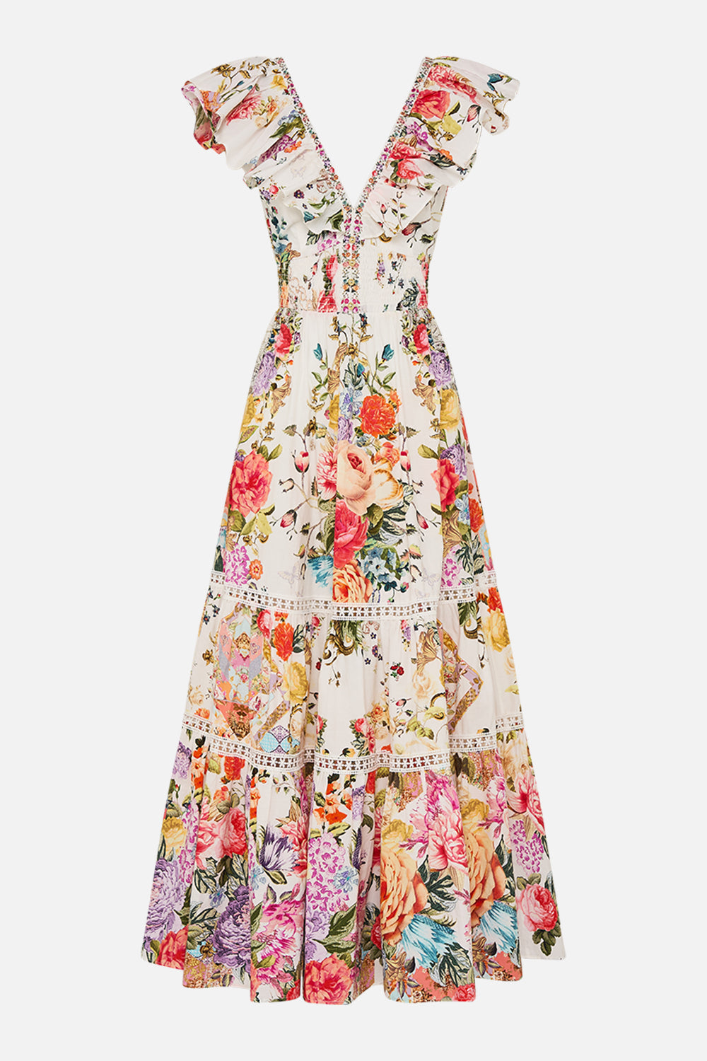 CAMILLA Floral Tiered Dress with Neck Frill in Sew Yesterday print