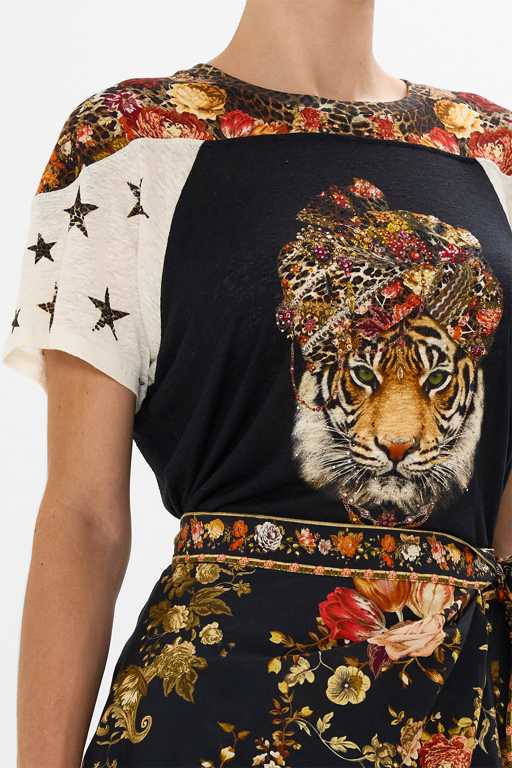 CAMILLA leopard fitted panelled t-shirt in Born In Bruges print.