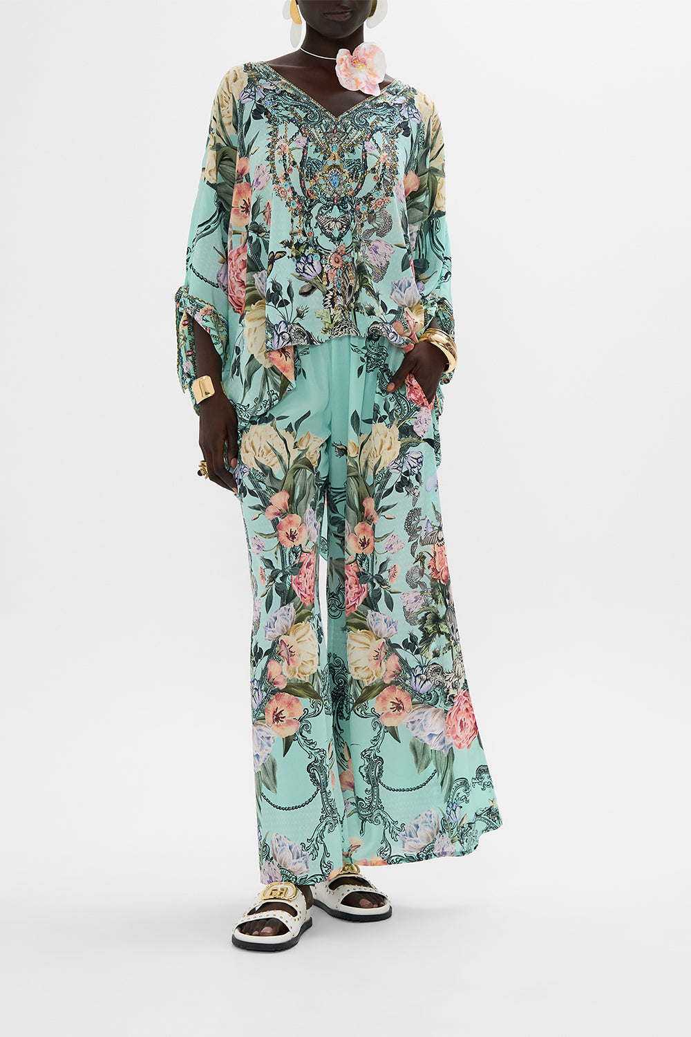 CAMILLA Floral Tie Sleeve Short V-Neck Kaftan in Petal Promise Land print