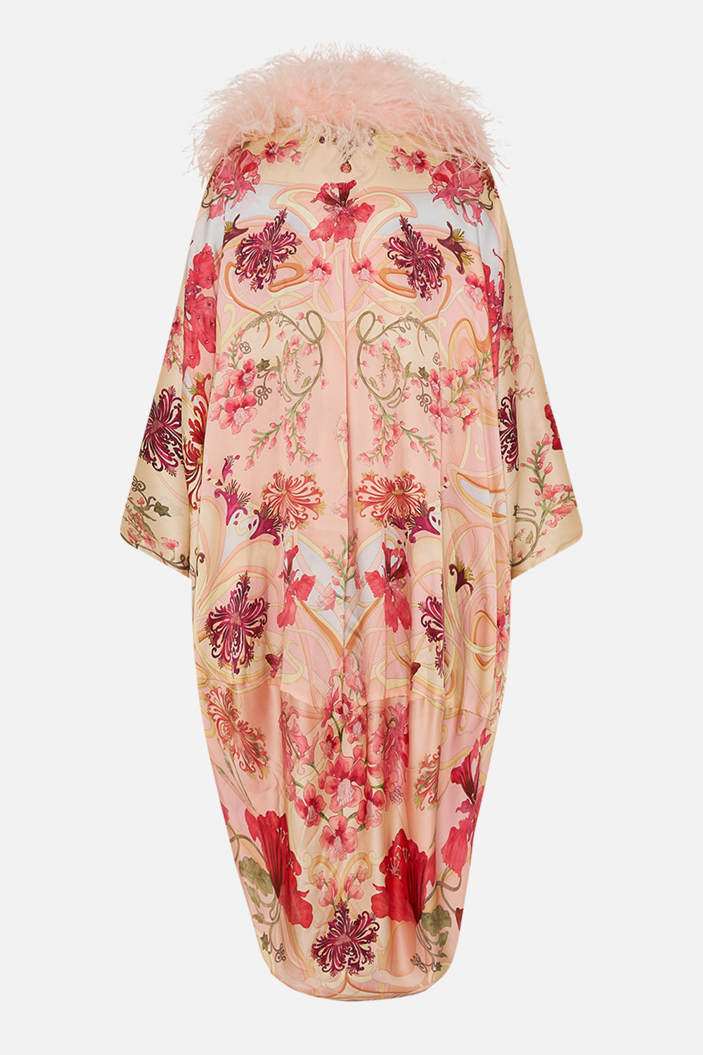 CAMILLA Floral Draped Back Layer with Feather Collar in Blossoms and Brushstrokes