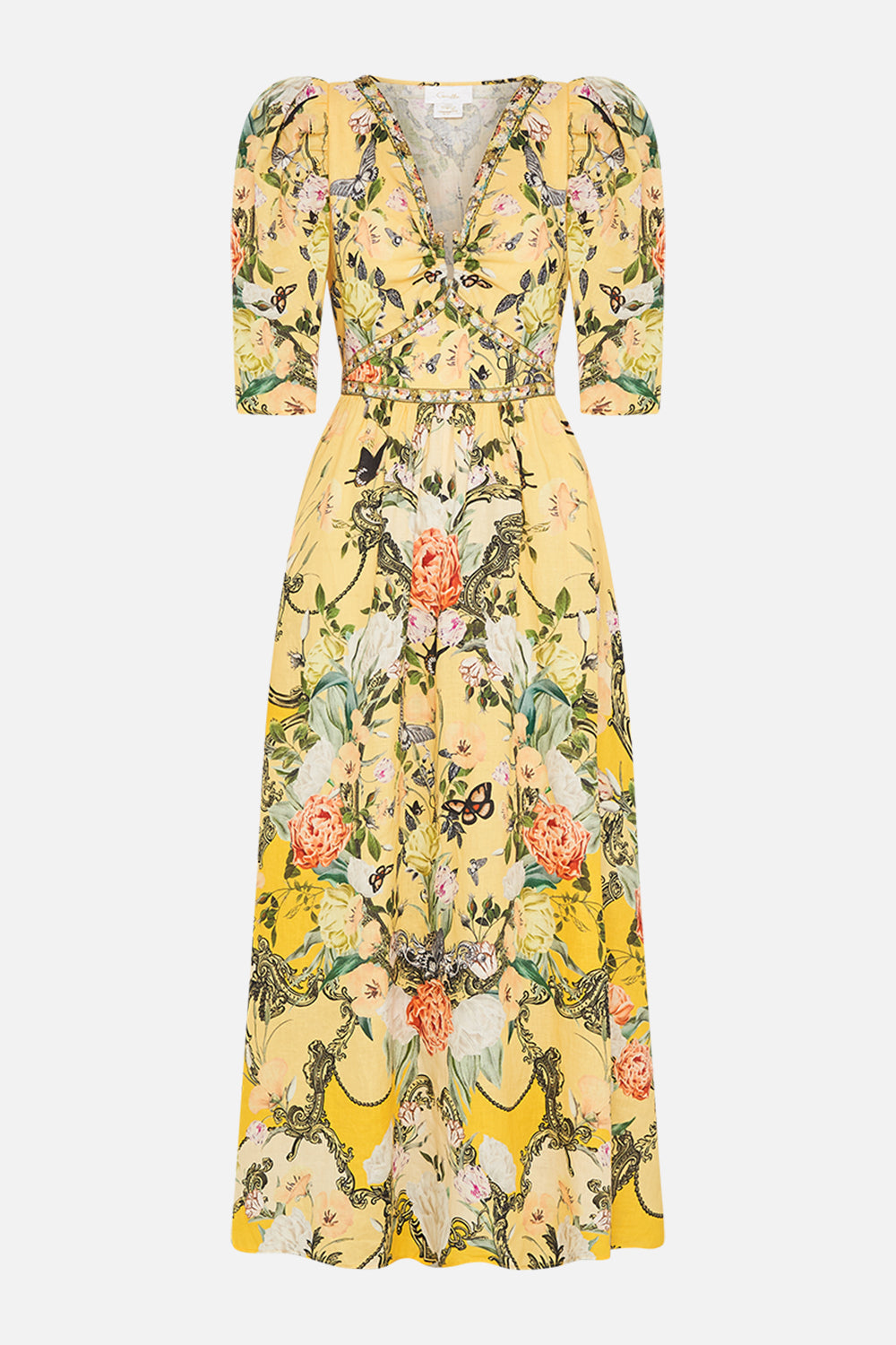 CAMILLA floral blouson blouse with neck tie in Stitched in Time print.