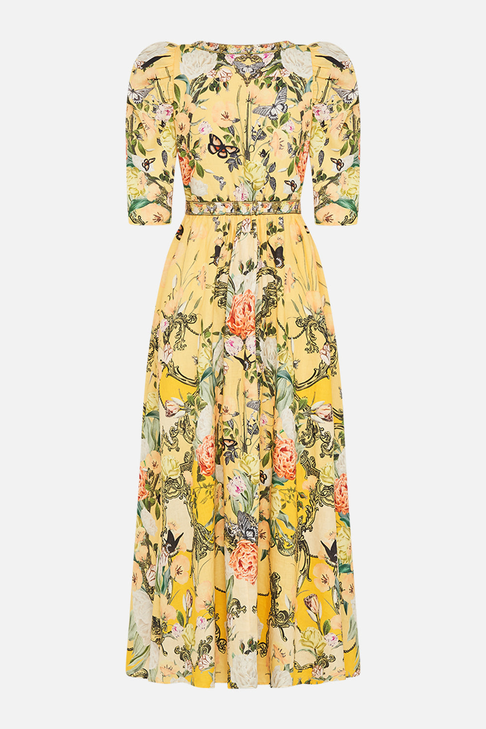 CAMILLA floral blouson blouse with neck tie in Stitched in Time print.