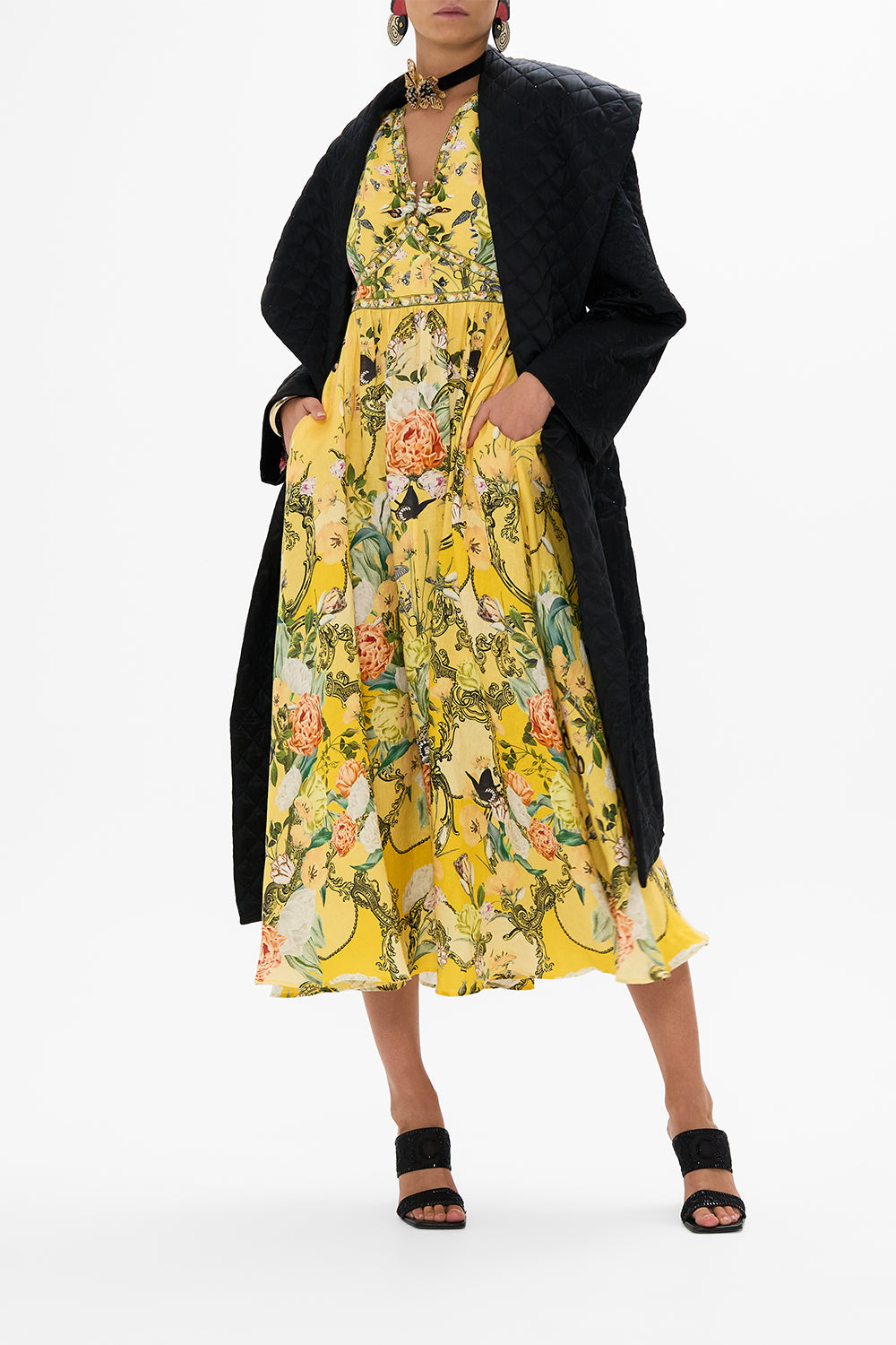 CAMILLA floral blouson blouse with neck tie in Stitched in Time print.