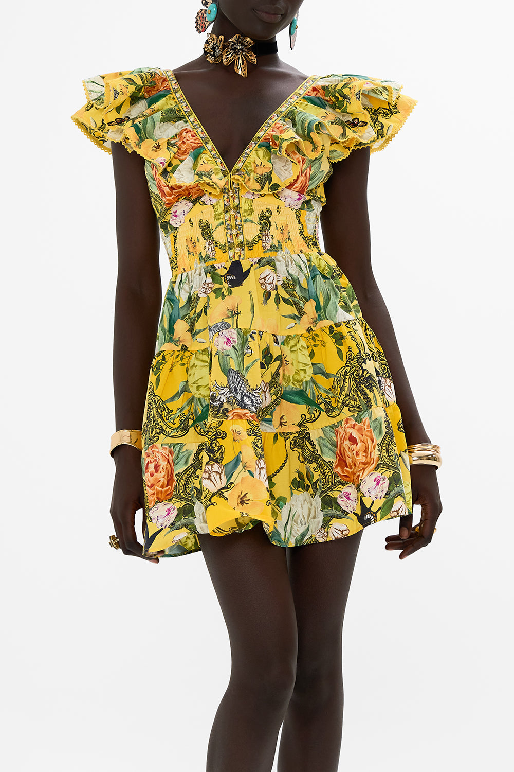 CAMILLA yellow short mini dress Paths Of Gold print