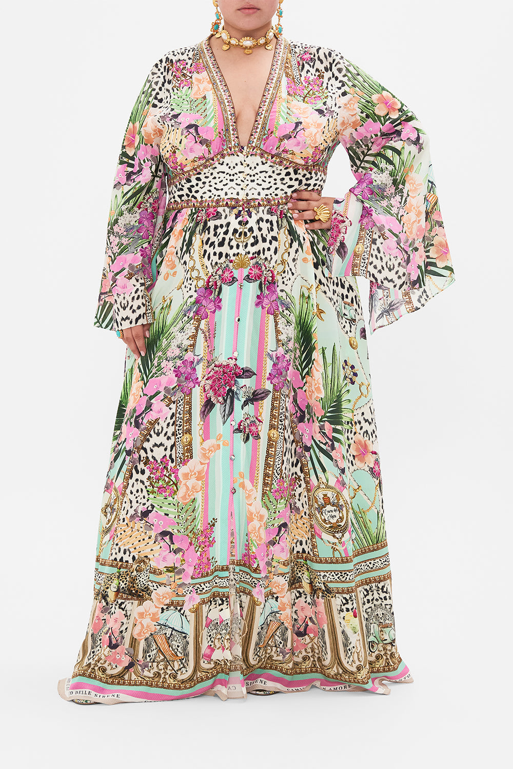 Front view of curvy model wearing CAMILLA plus size silk maxi dress in Dear Amore Mio print