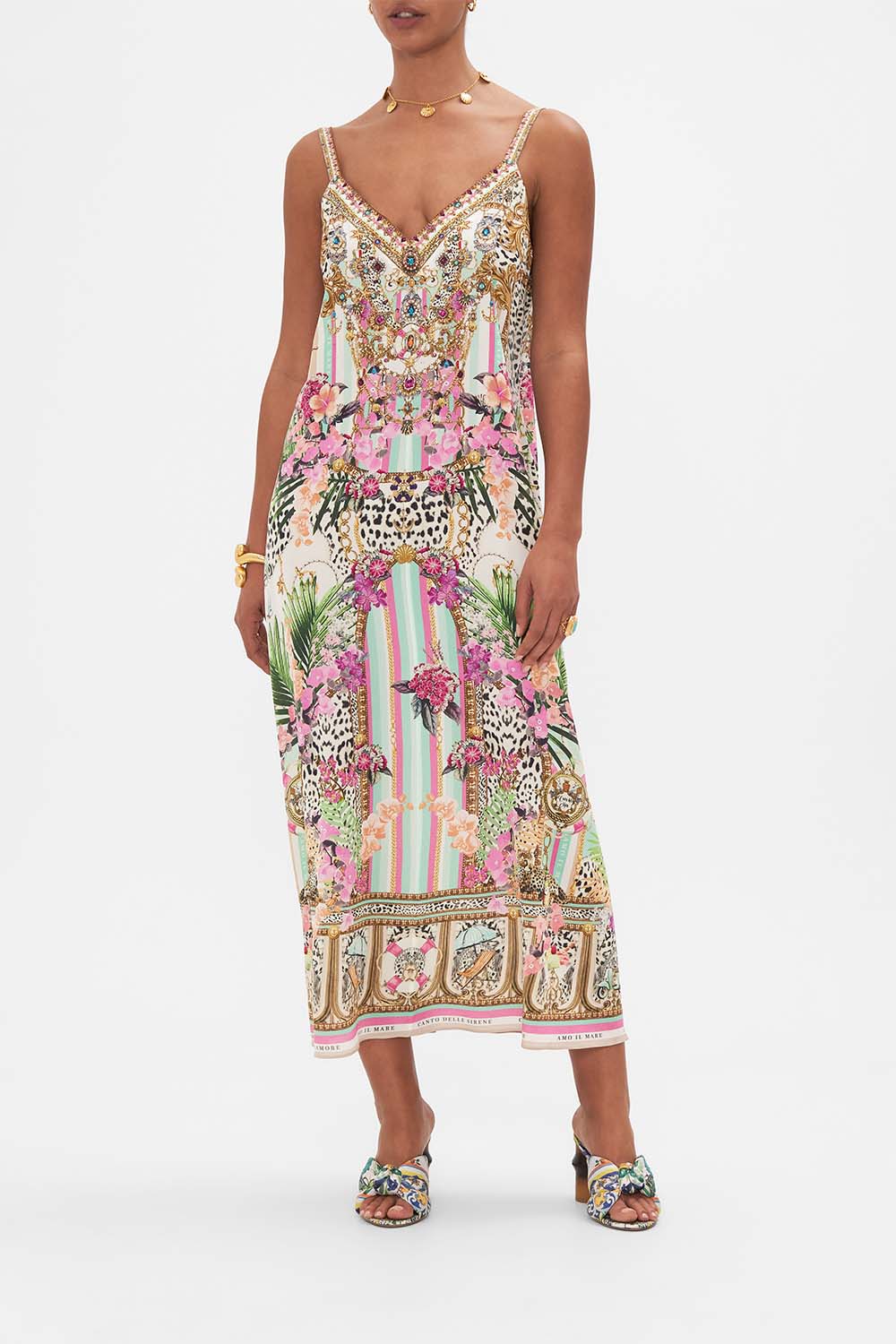 Front view of model wearing CAMILL silk midi dress in Dear Amore Mio print