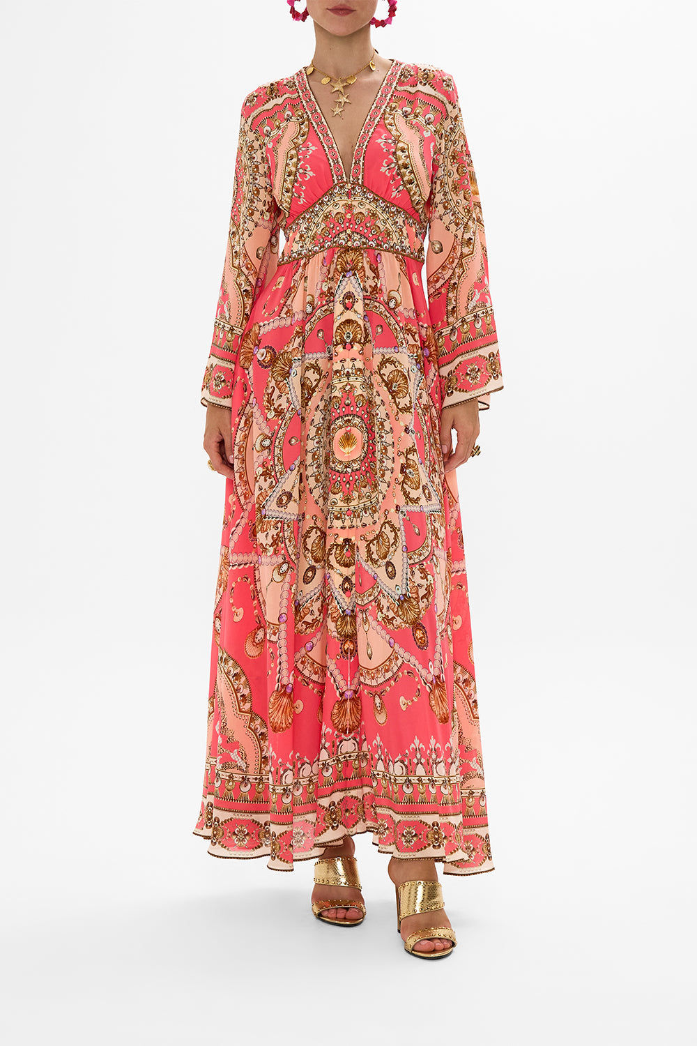 CAMILLA Pink Kimono Sleeve Dress with Shirring Detail in Shell Games