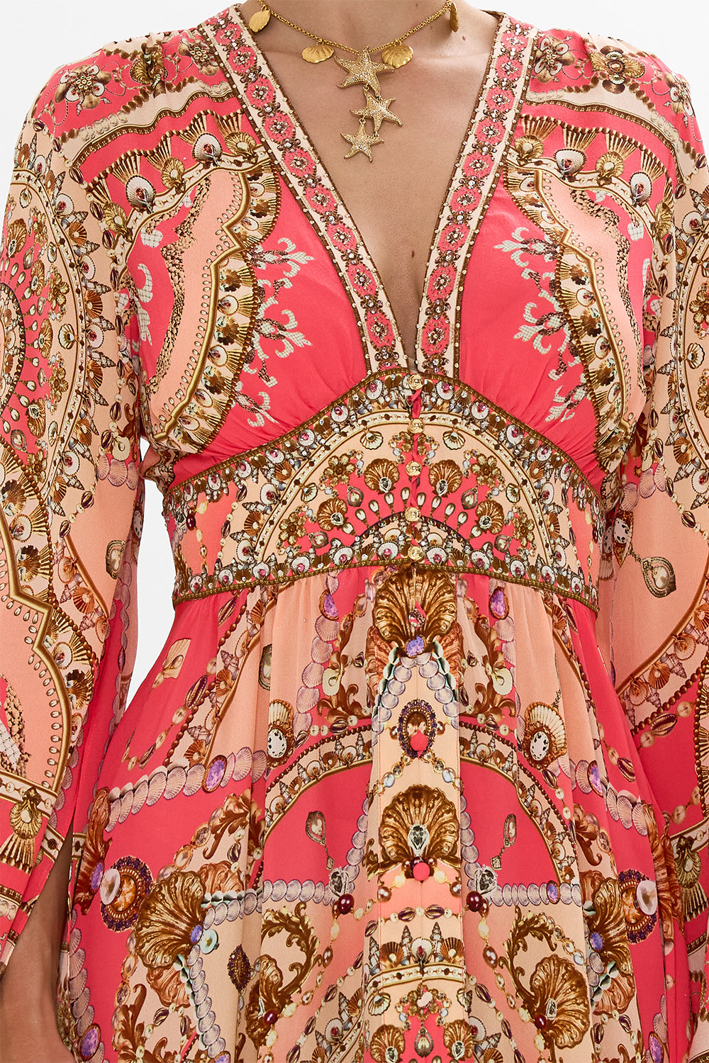 CAMILLA Pink Kimono Sleeve Dress with Shirring Detail in Shell Games