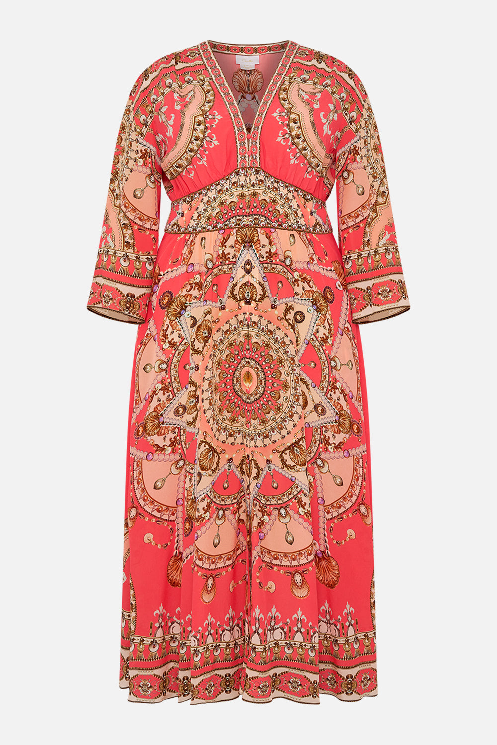 CAMILLA Pink Kimono Sleeve Dress with Shirring Detail in Shell Games