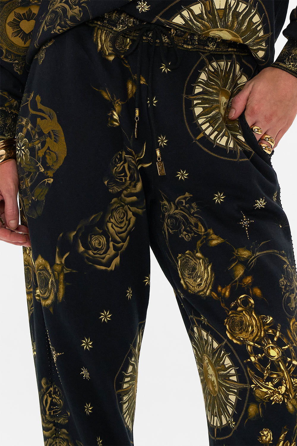 CAMILLA black jersey track pant in So Says The Oracle print.