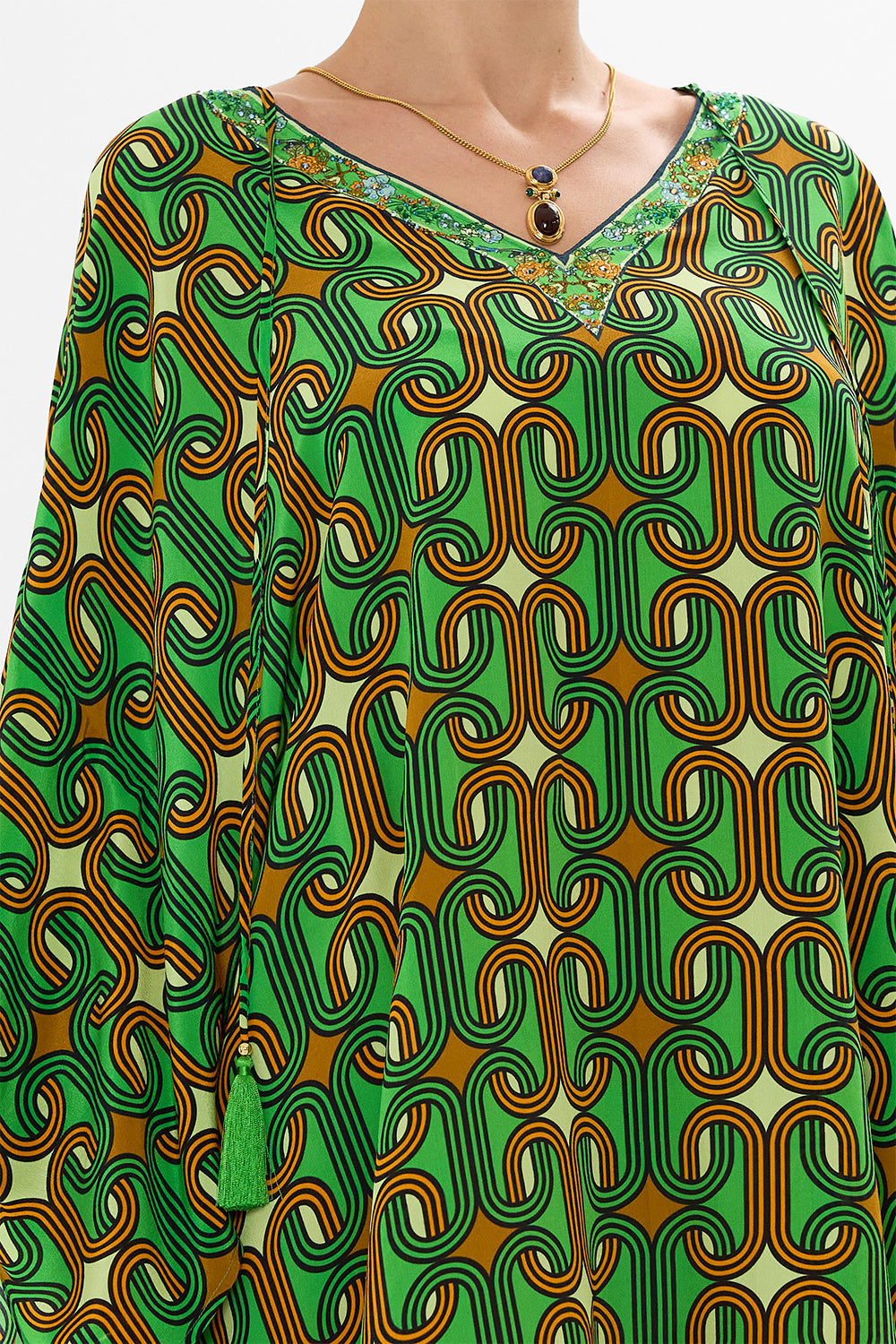 CAMILLA Green V-Neck Short Kaftan with Ties in Good Vibes Generation