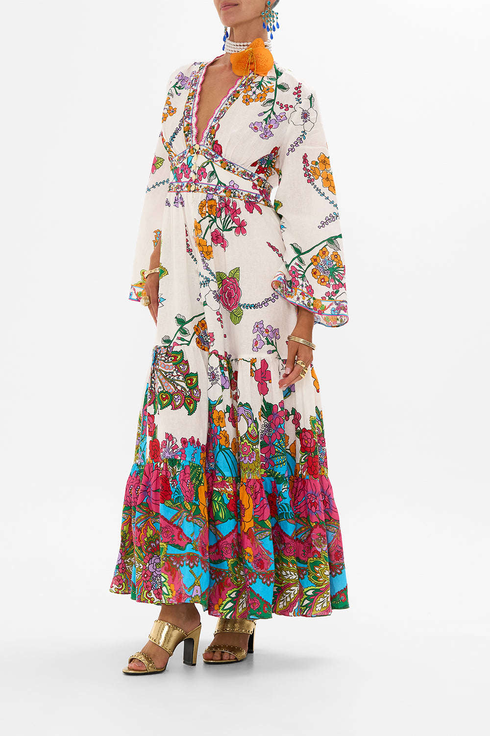 CAMILLA Floral Dress with Tiered Skirt in Cosmic Prairie